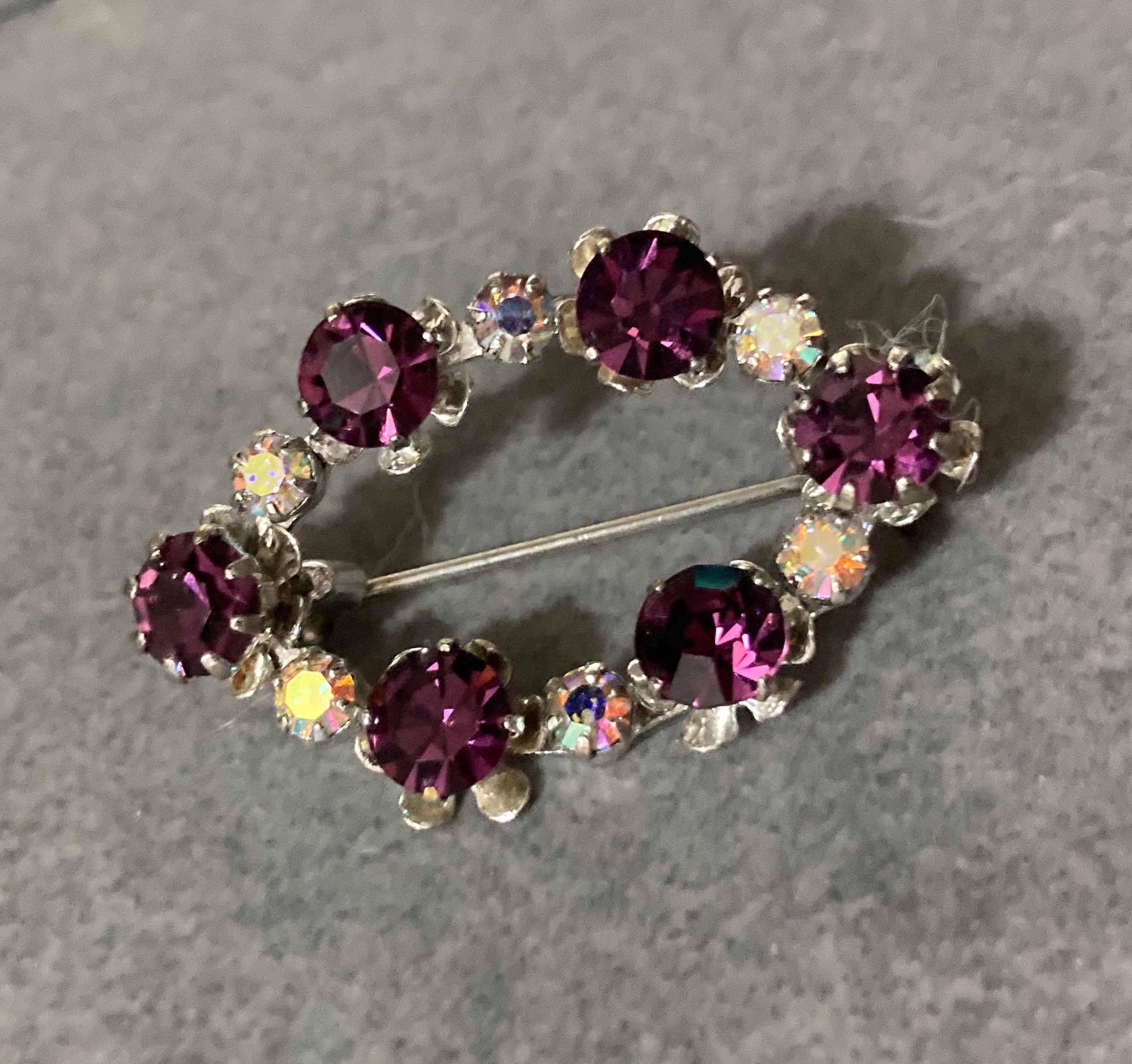 Silver tone amethyst purple Aurora borealis diamanté rhinestone brooch 4cm