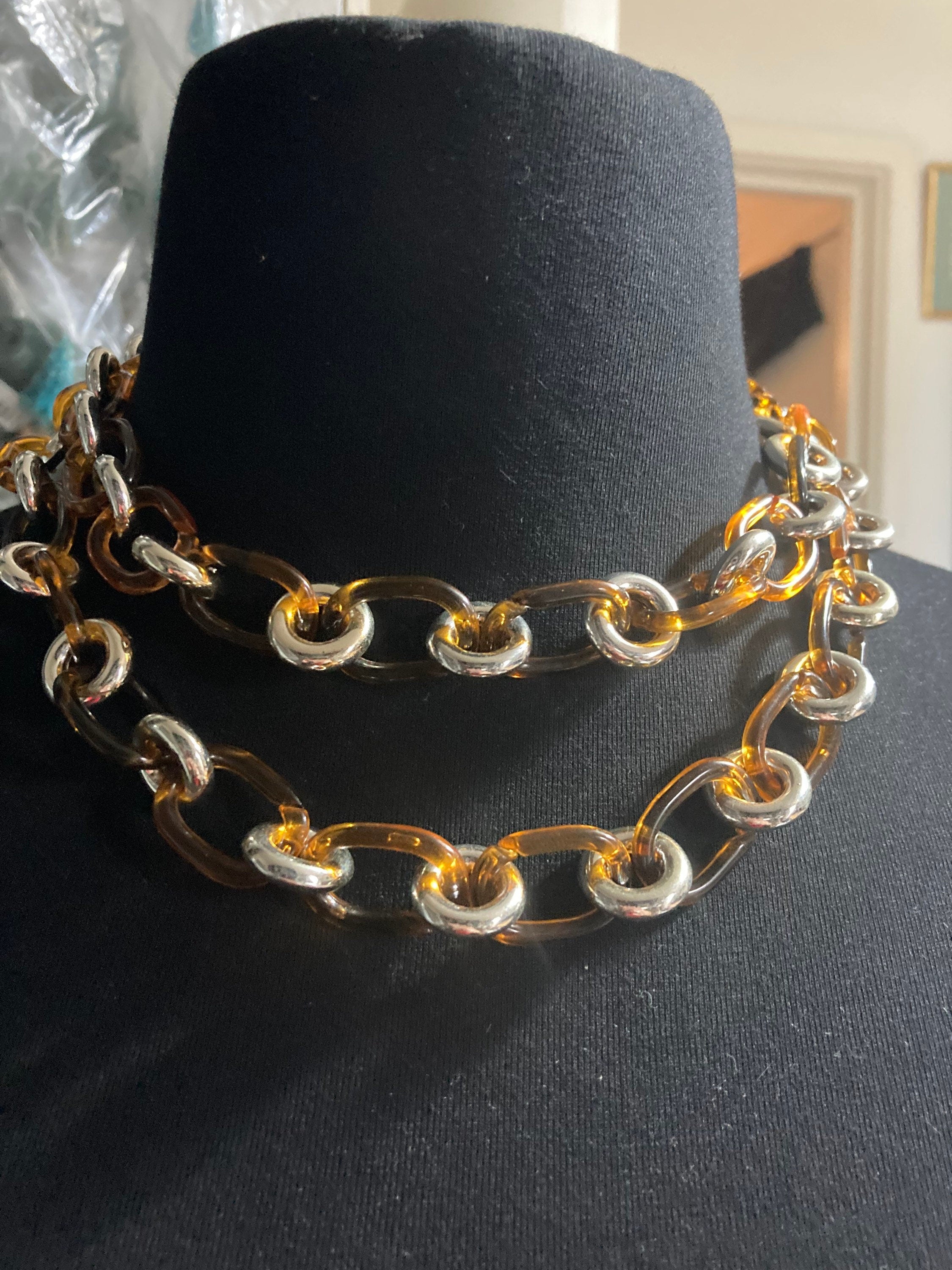 chunky faux tortoiseshell silver loops plastic chain link necklace