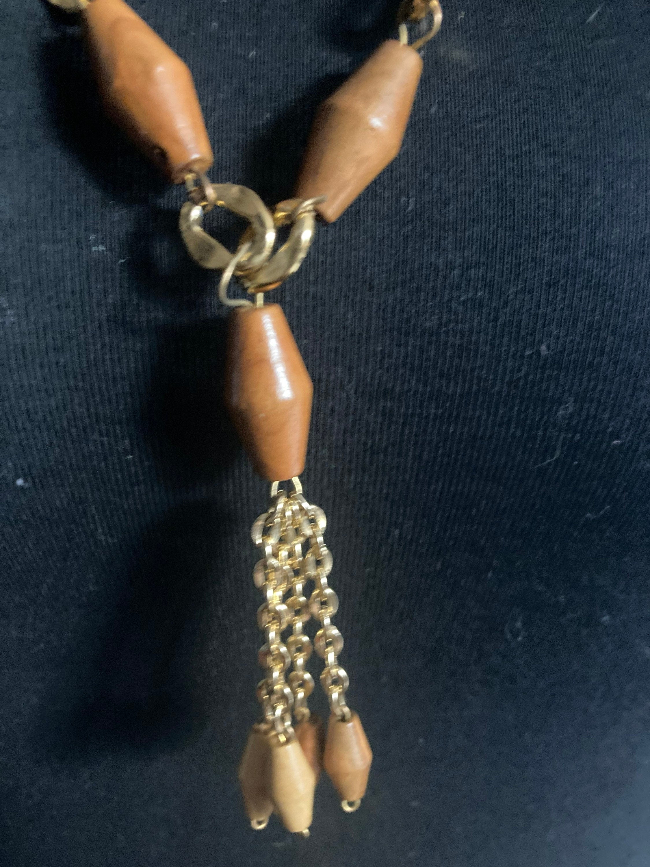 Vintage gold tone wooden beaded station link tassel drop necklace