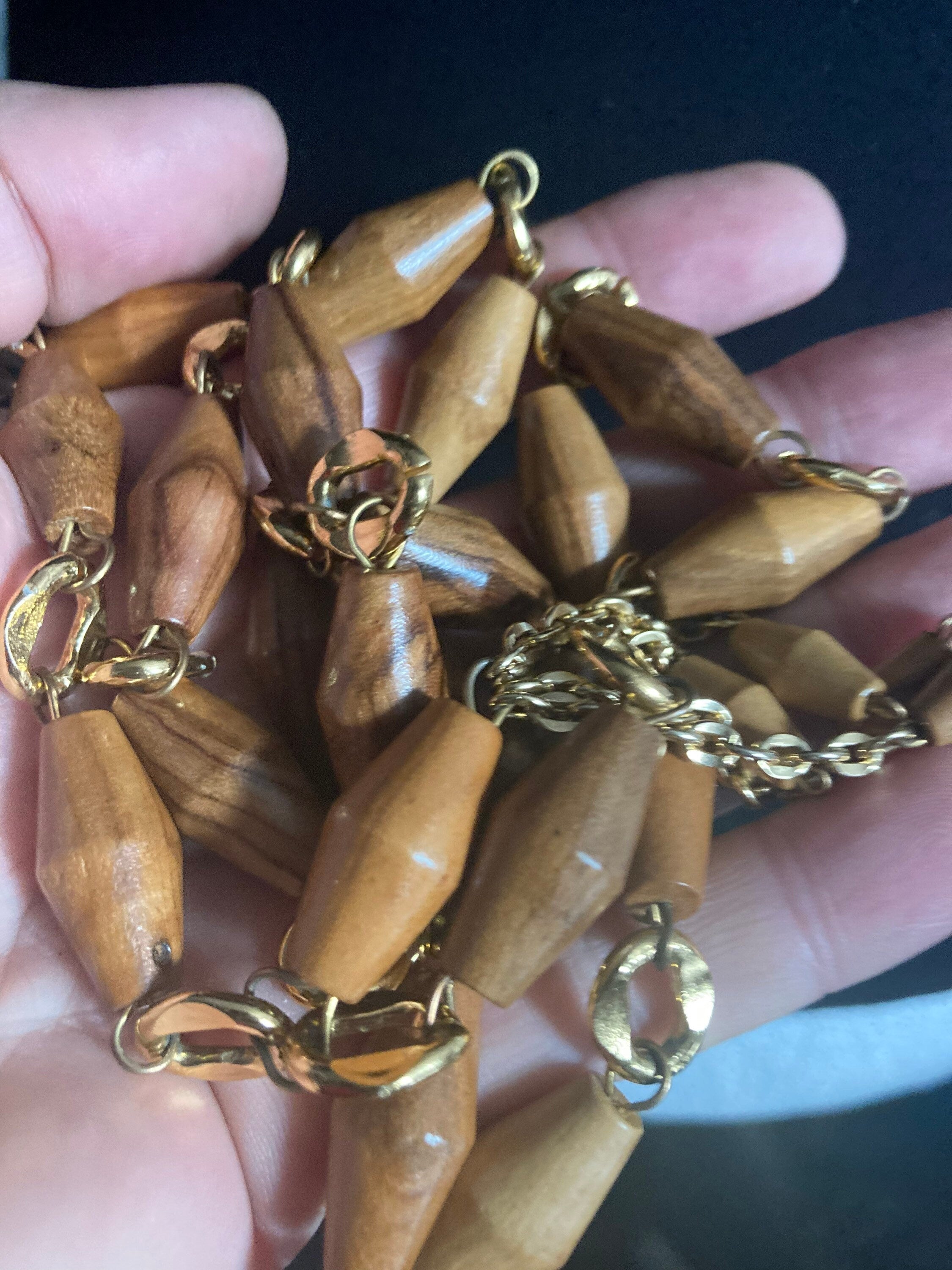 Vintage gold tone wooden beaded station link tassel drop necklace