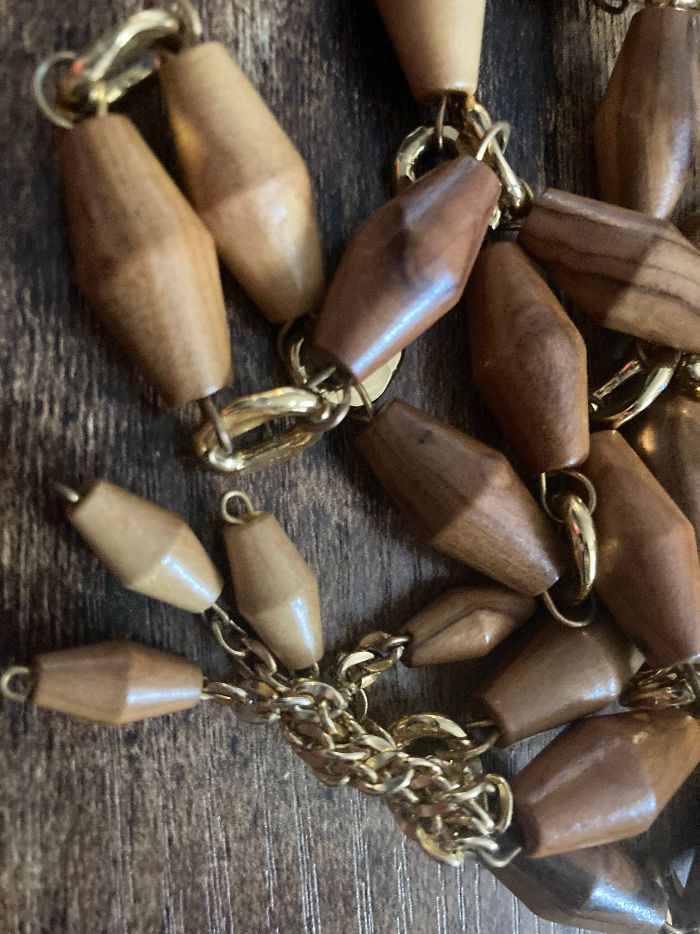 Vintage gold tone wooden beaded station link tassel drop necklace