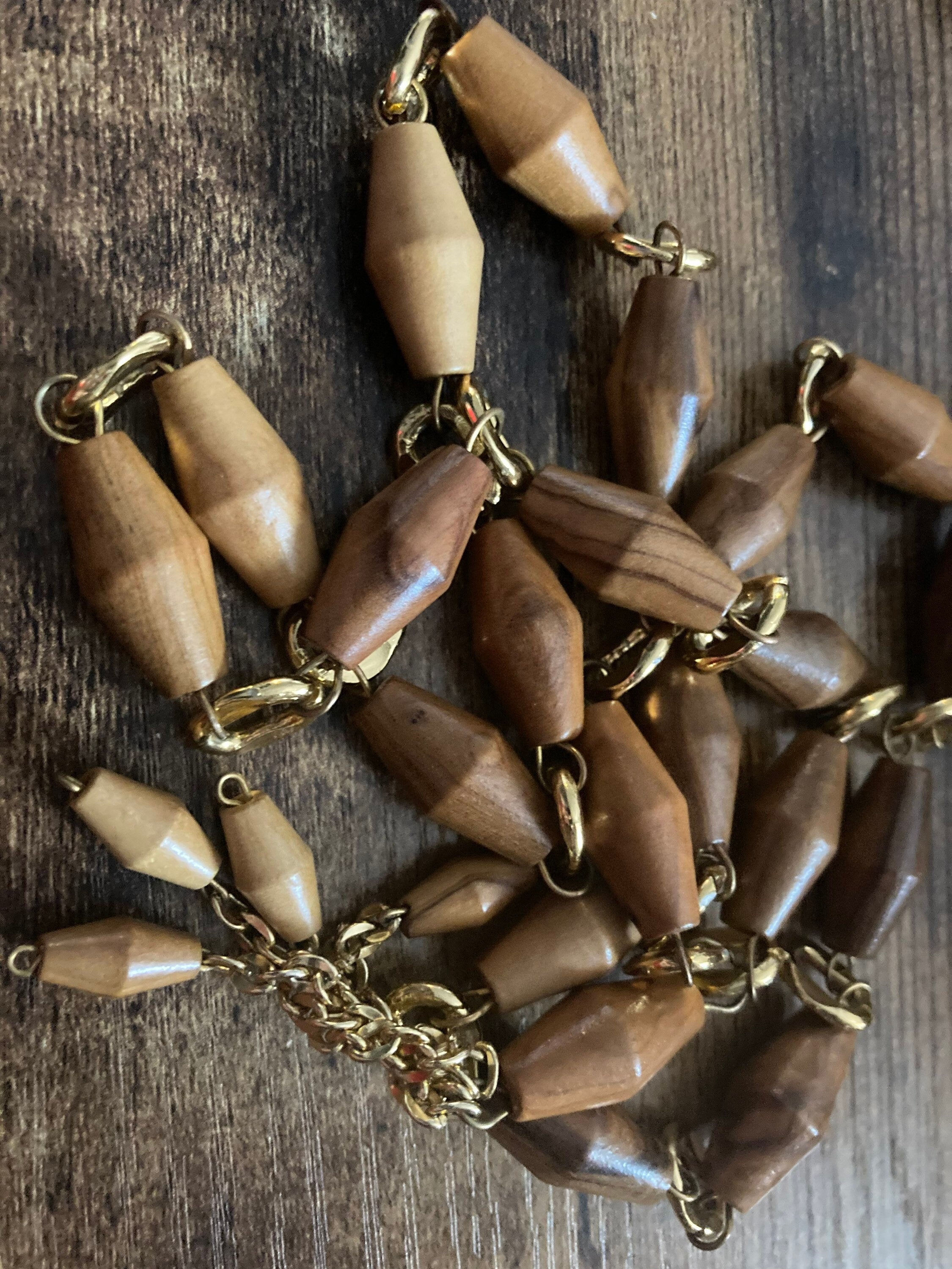 Vintage gold tone wooden beaded station link tassel drop necklace