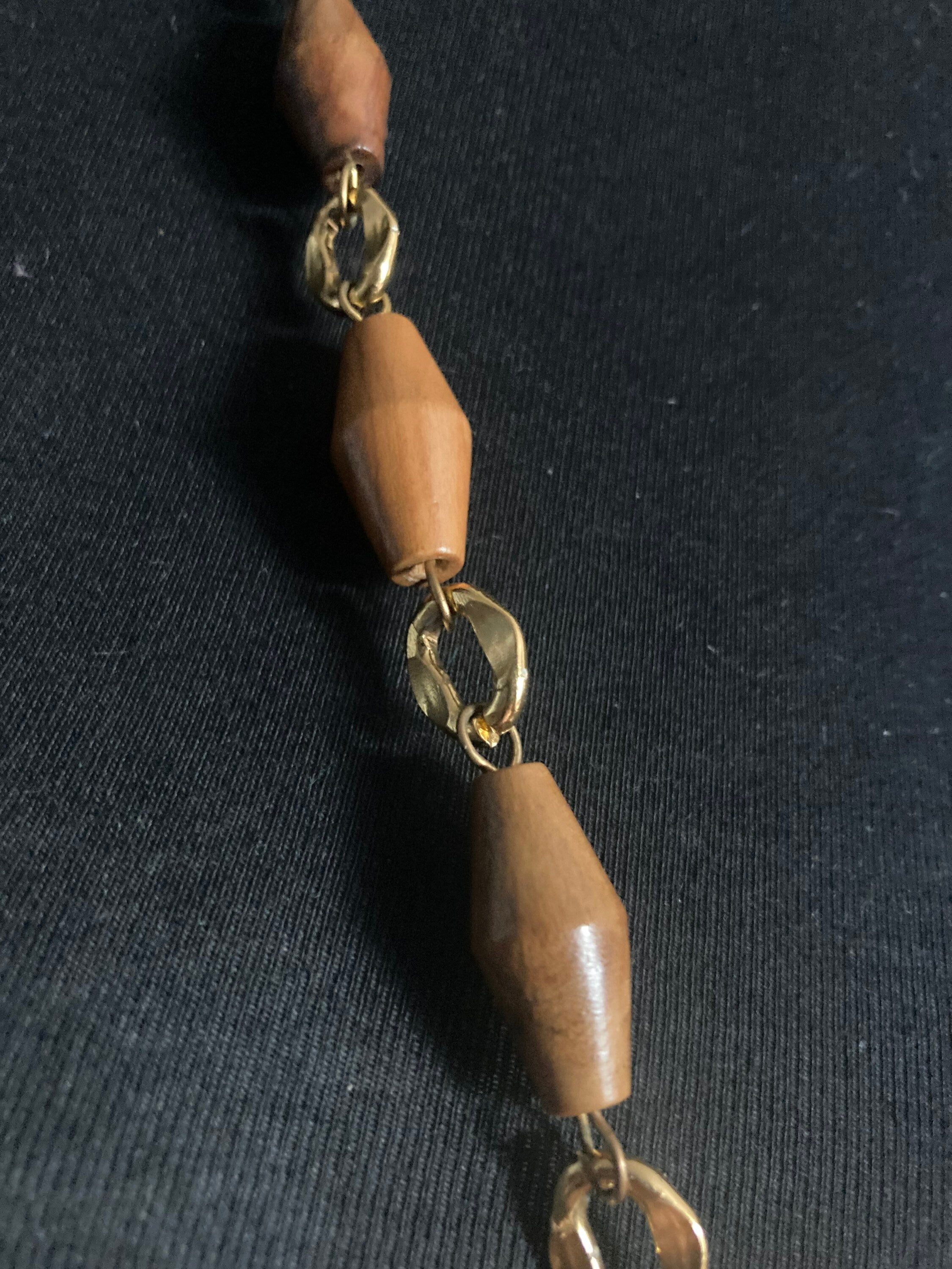 Vintage gold tone wooden beaded station link tassel drop necklace