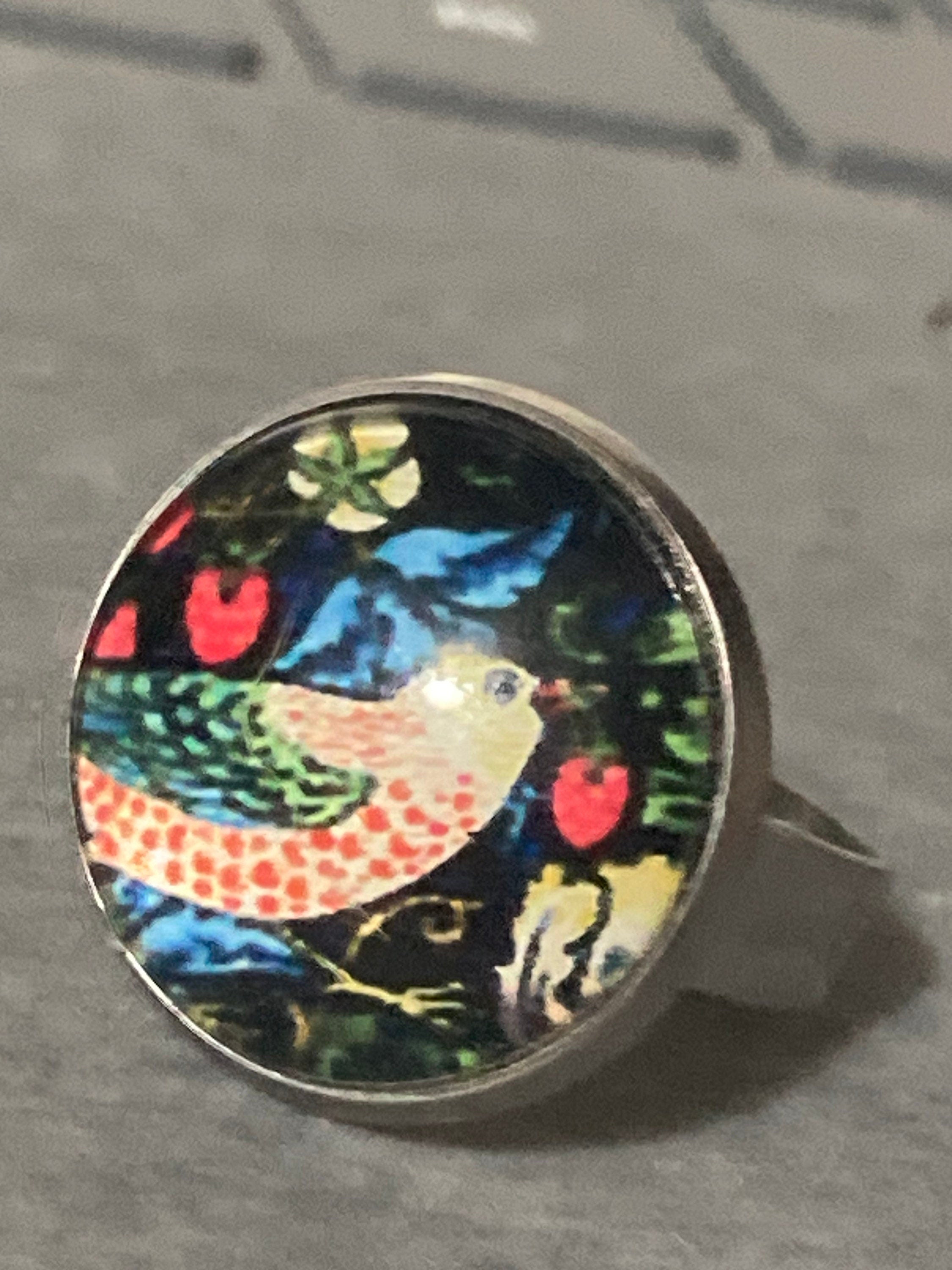 Strawberry thief print ring stainless steel glass cabochon adjustable