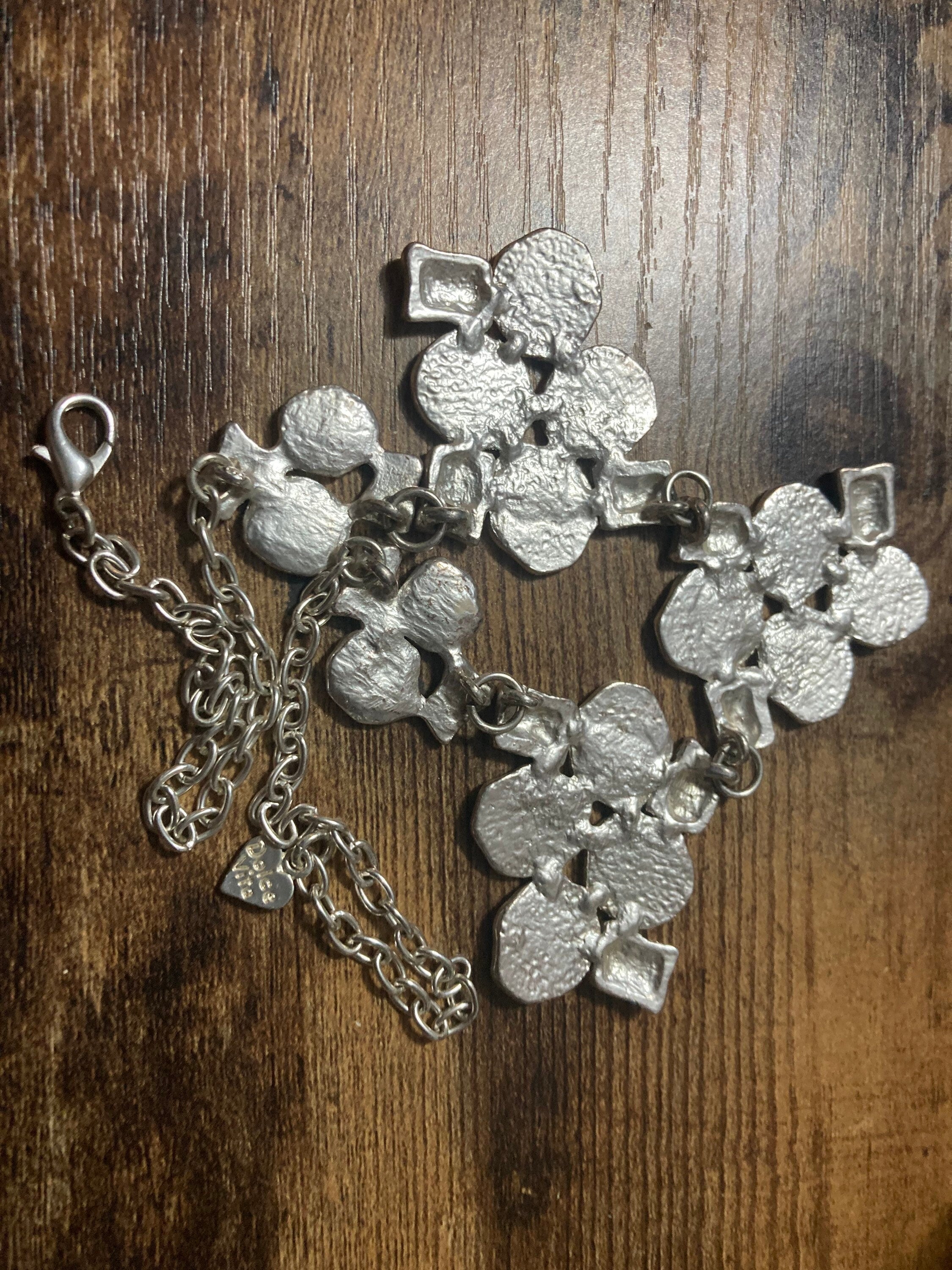Vintage Signed Dolce Vita silver tone grey panel link bib necklace Paris France Designer