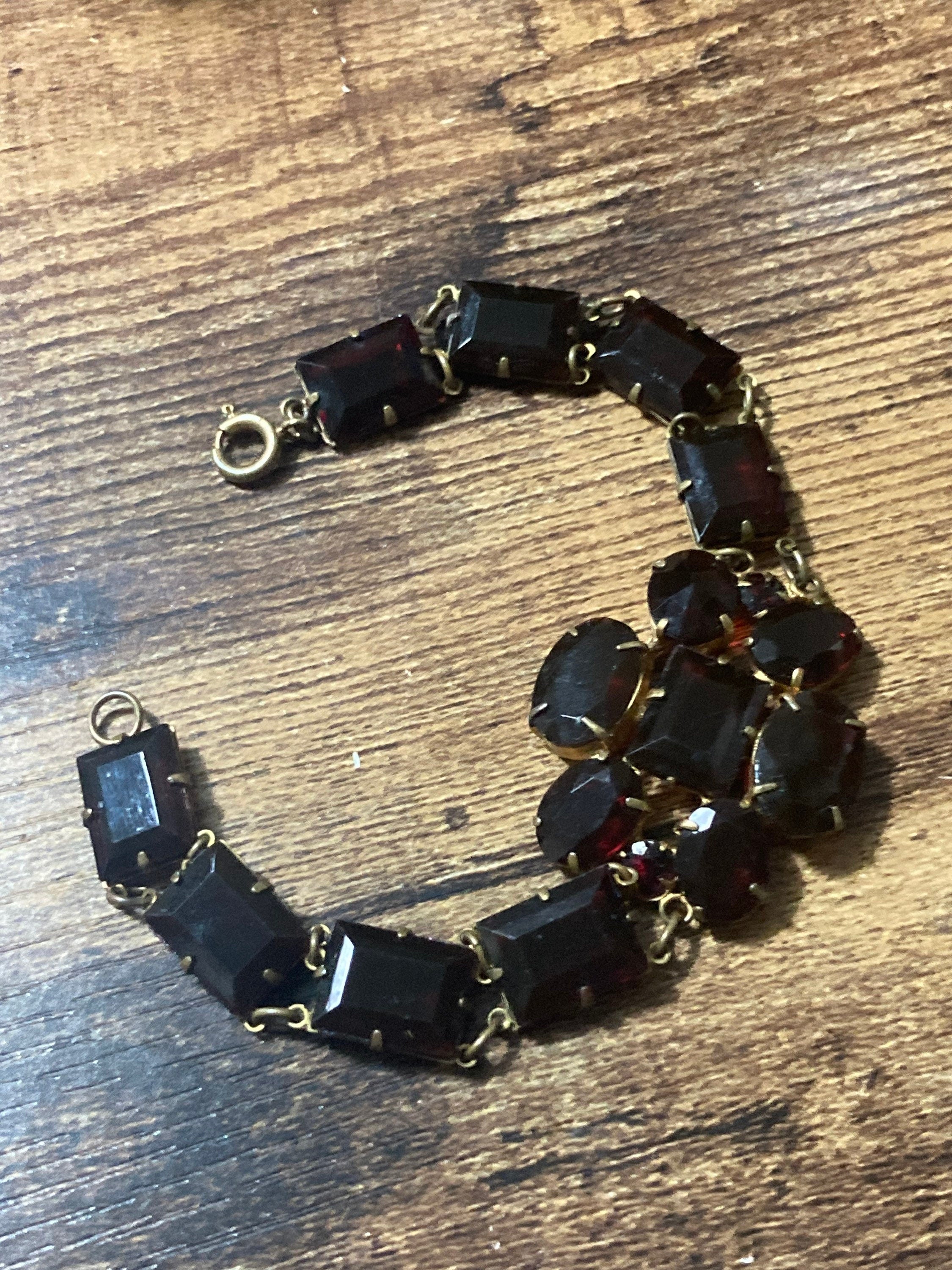 Vintage bohemian open back crystal faux red garnet rhinestone bracelet