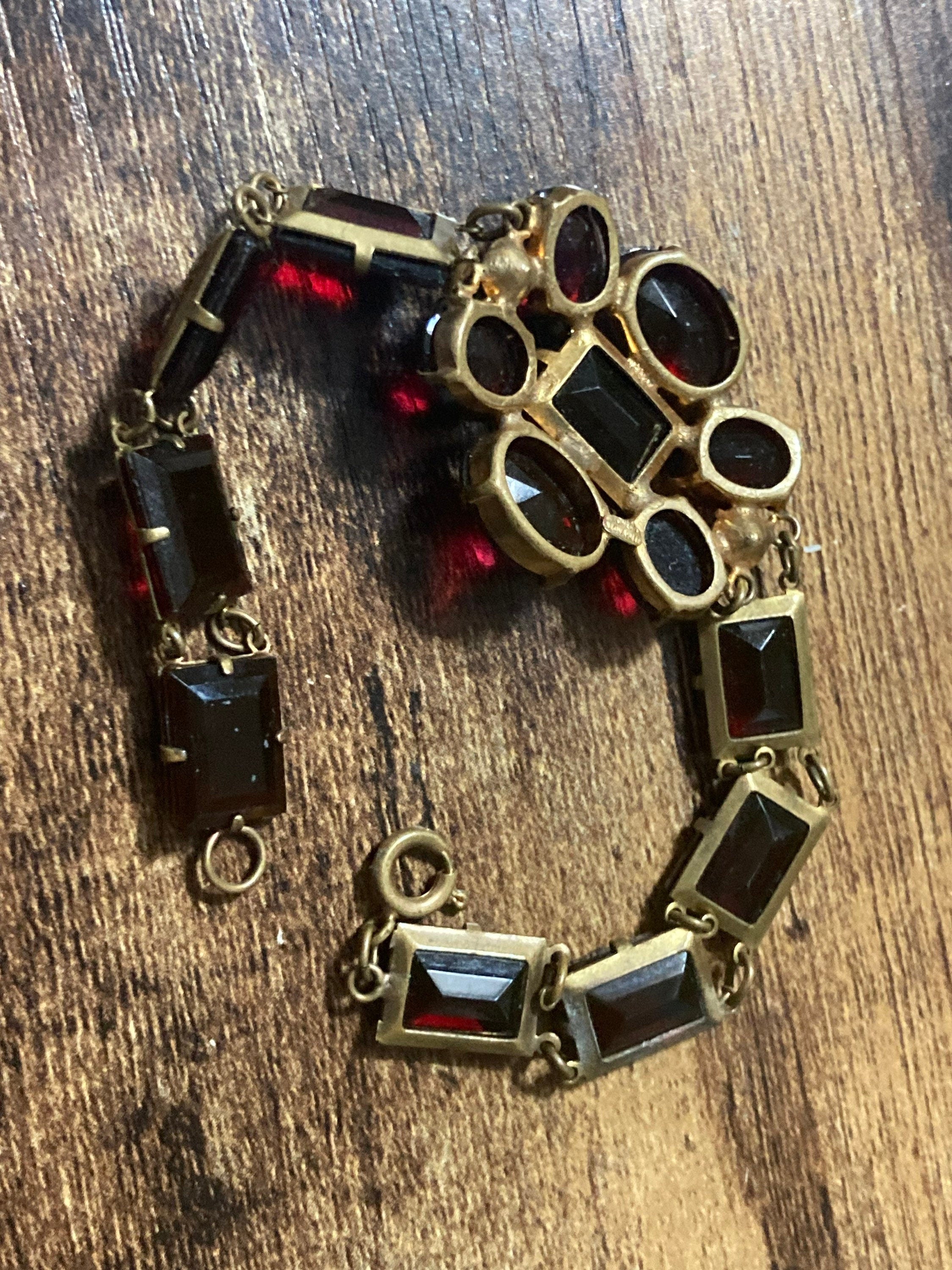Vintage bohemian open back crystal faux red garnet rhinestone bracelet