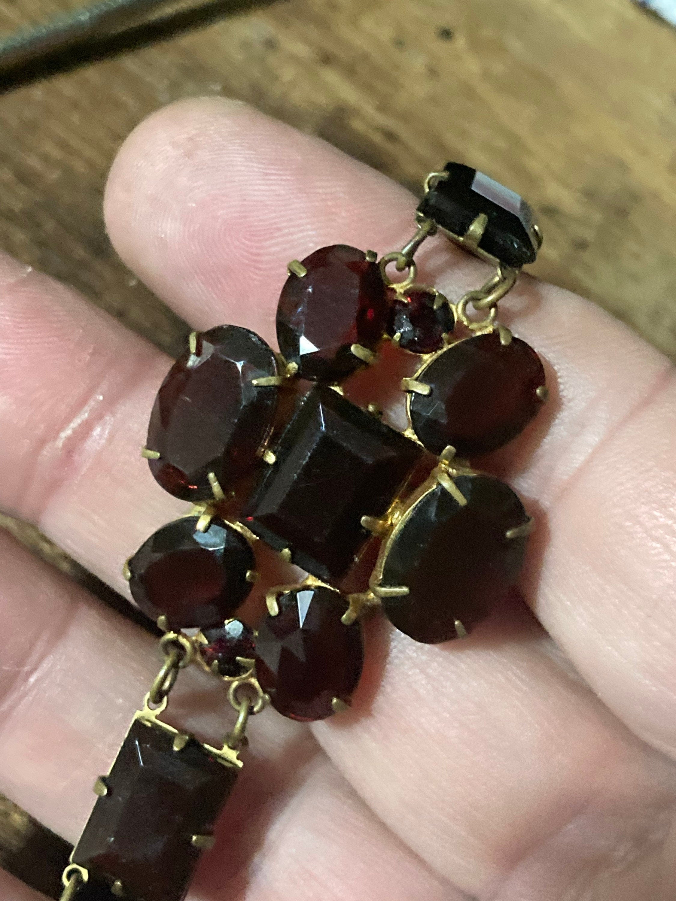 Vintage bohemian open back crystal faux red garnet rhinestone bracelet