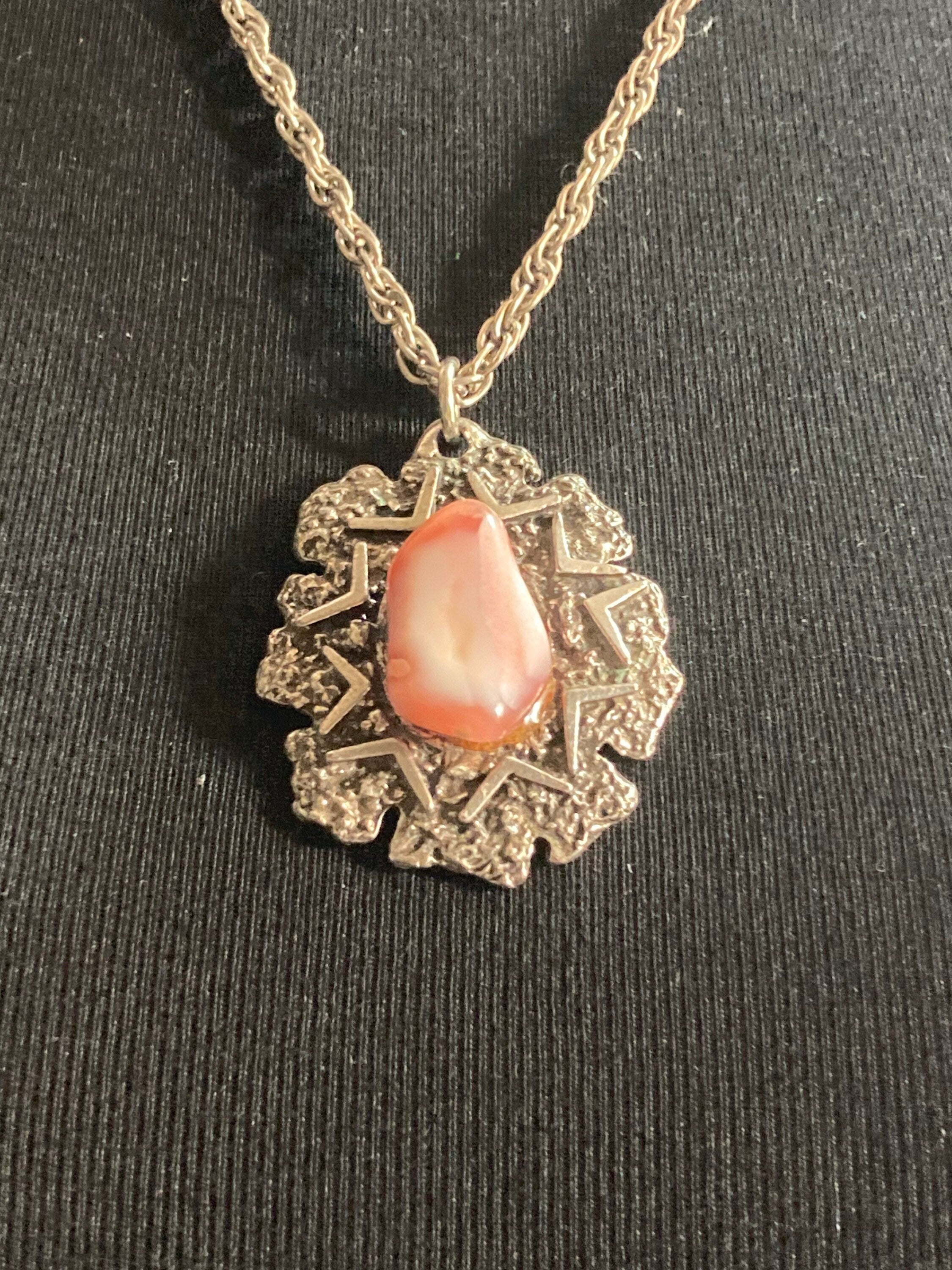 Vintage 1970s brutalist steel pendant pink stone on silver tone chain