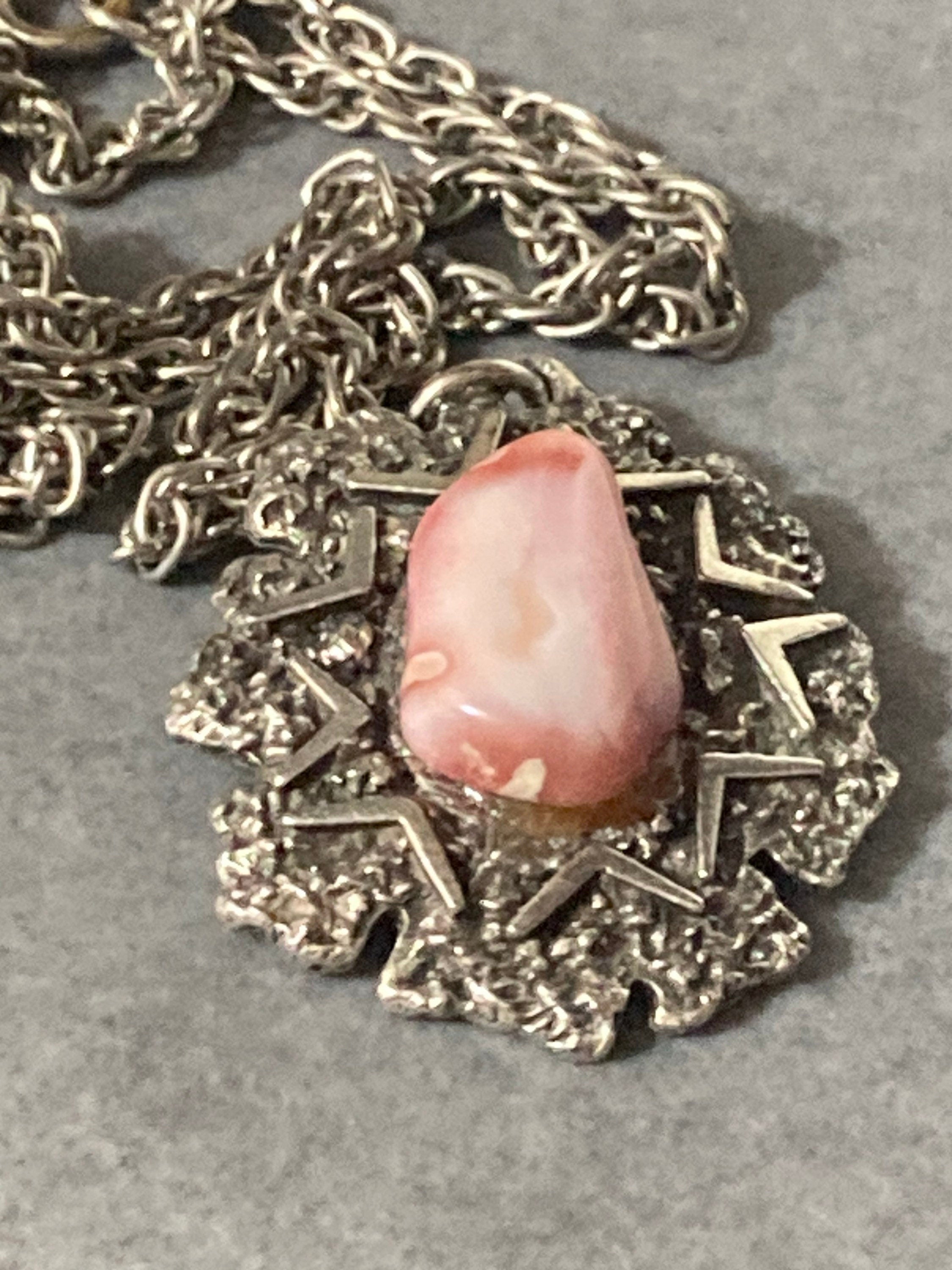 Vintage 1970s brutalist steel pendant pink stone on silver tone chain