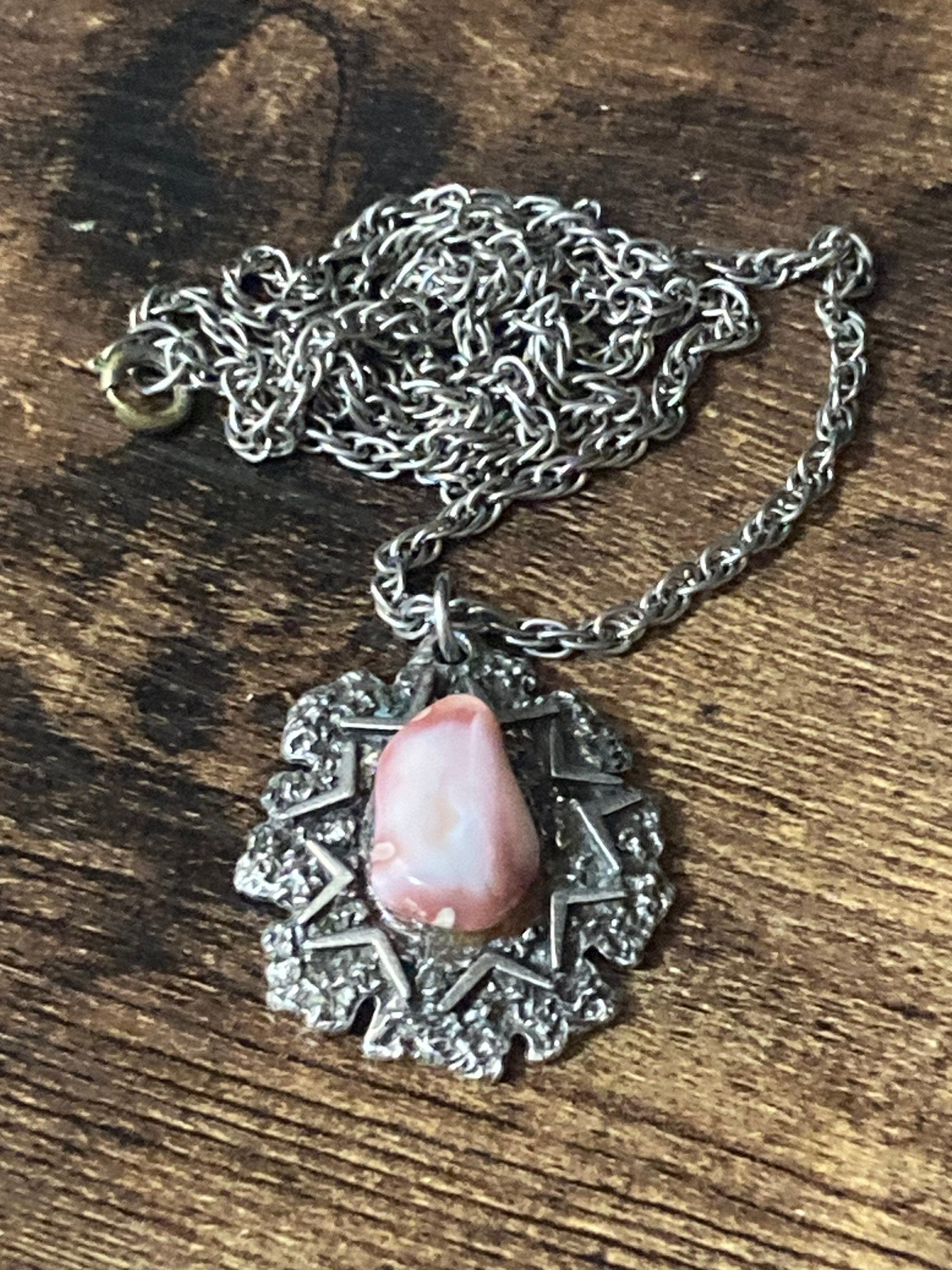 Vintage 1970s brutalist steel pendant pink stone on silver tone chain