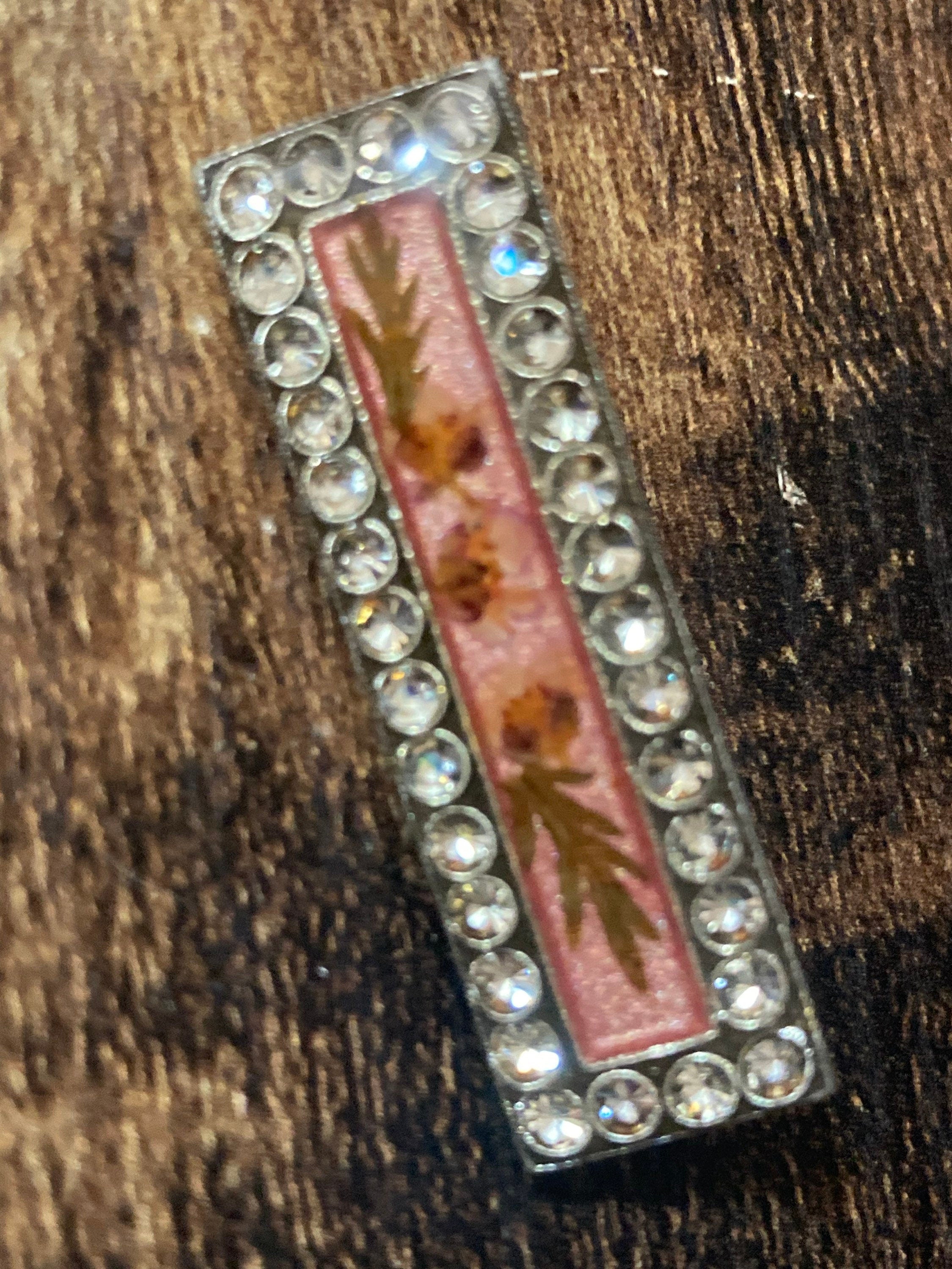Vintage Pierre Bex style small bar brooch set with dried flowers