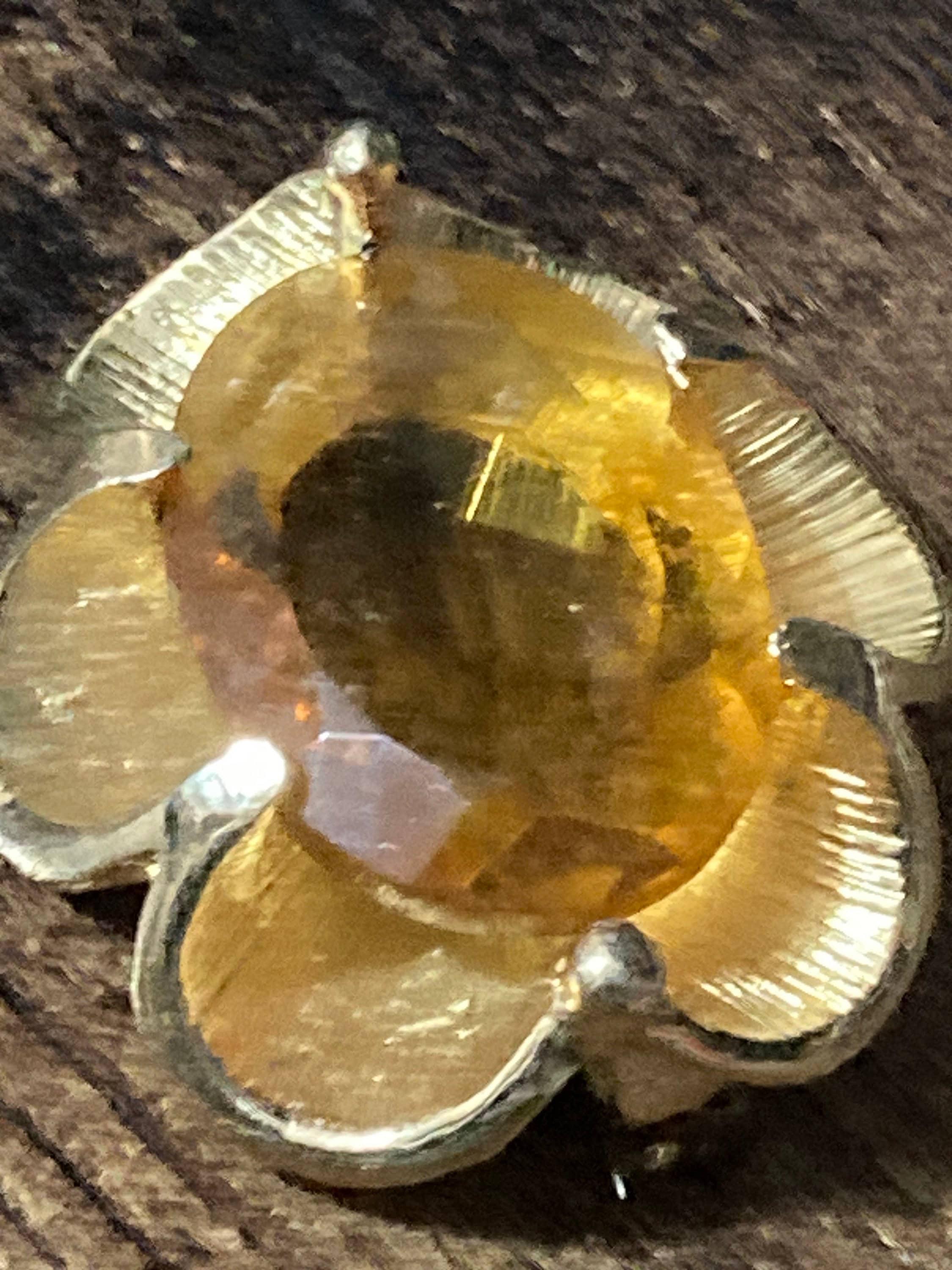 Vintage oversized chunky gold tone brooch with large orange citrine glass cabochon