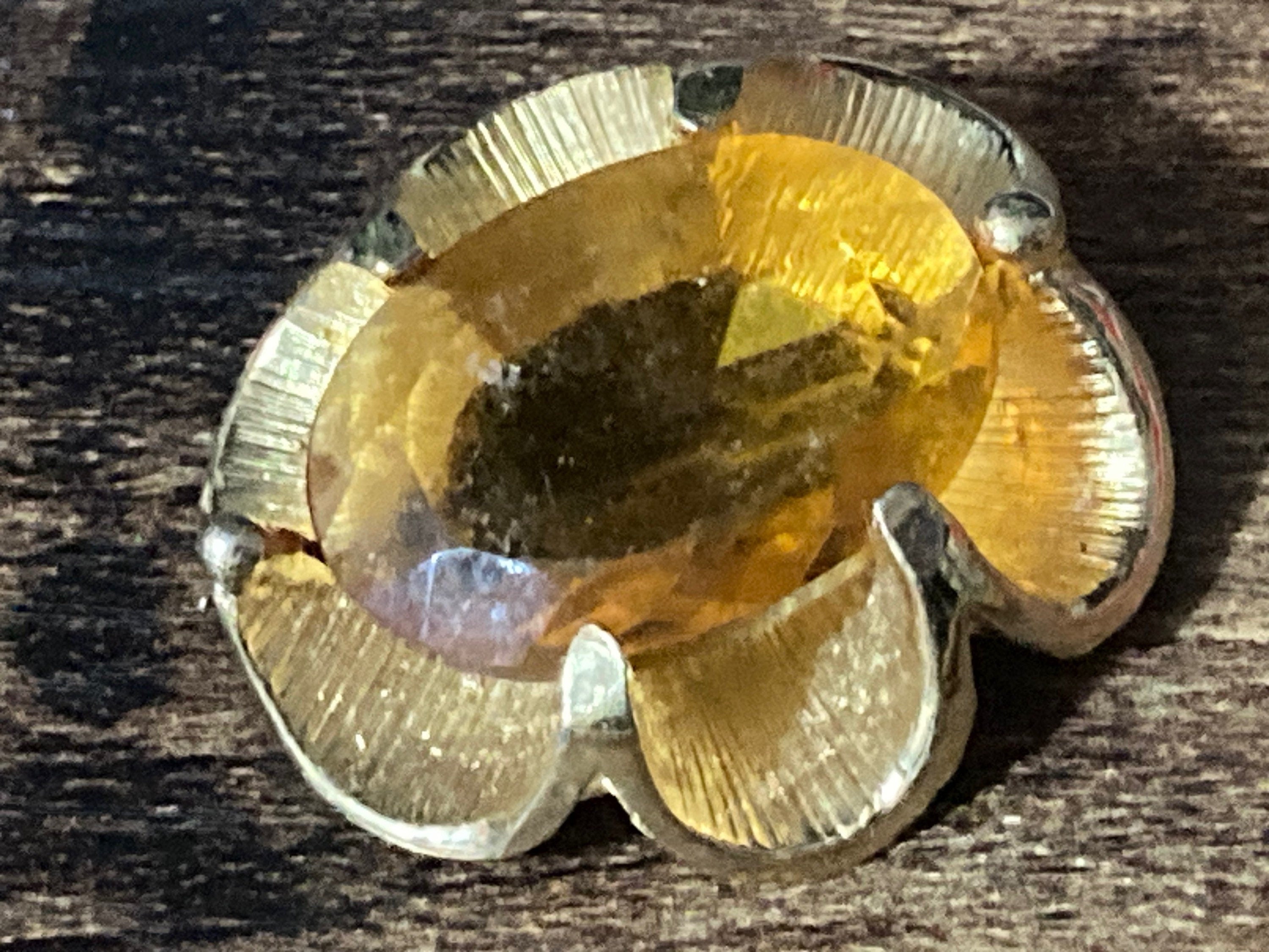 Vintage oversized chunky gold tone brooch with large orange citrine glass cabochon