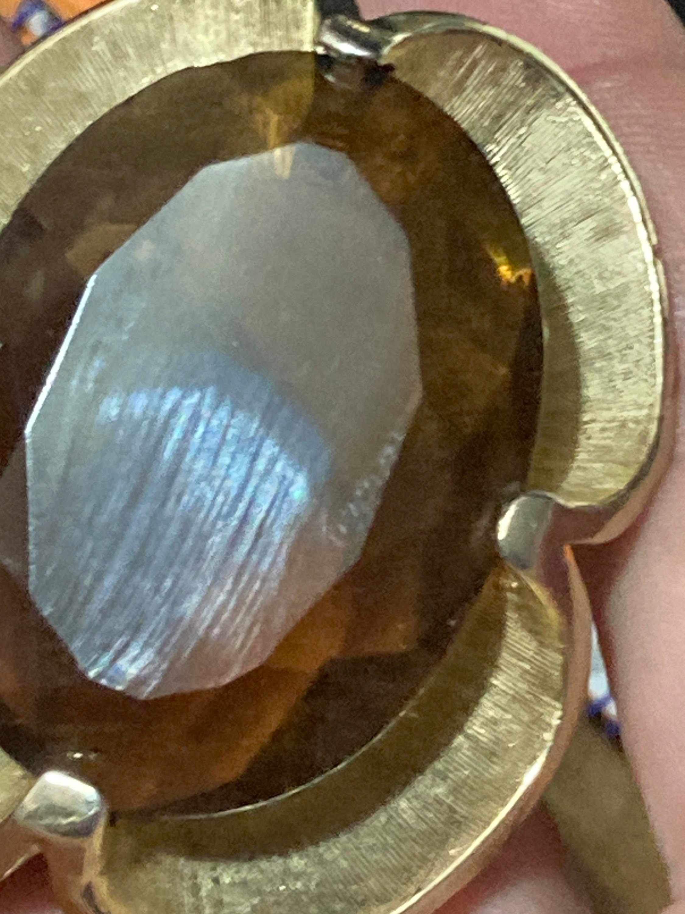 Vintage oversized chunky gold tone brooch with large brown topaz citrine glass cabochon
