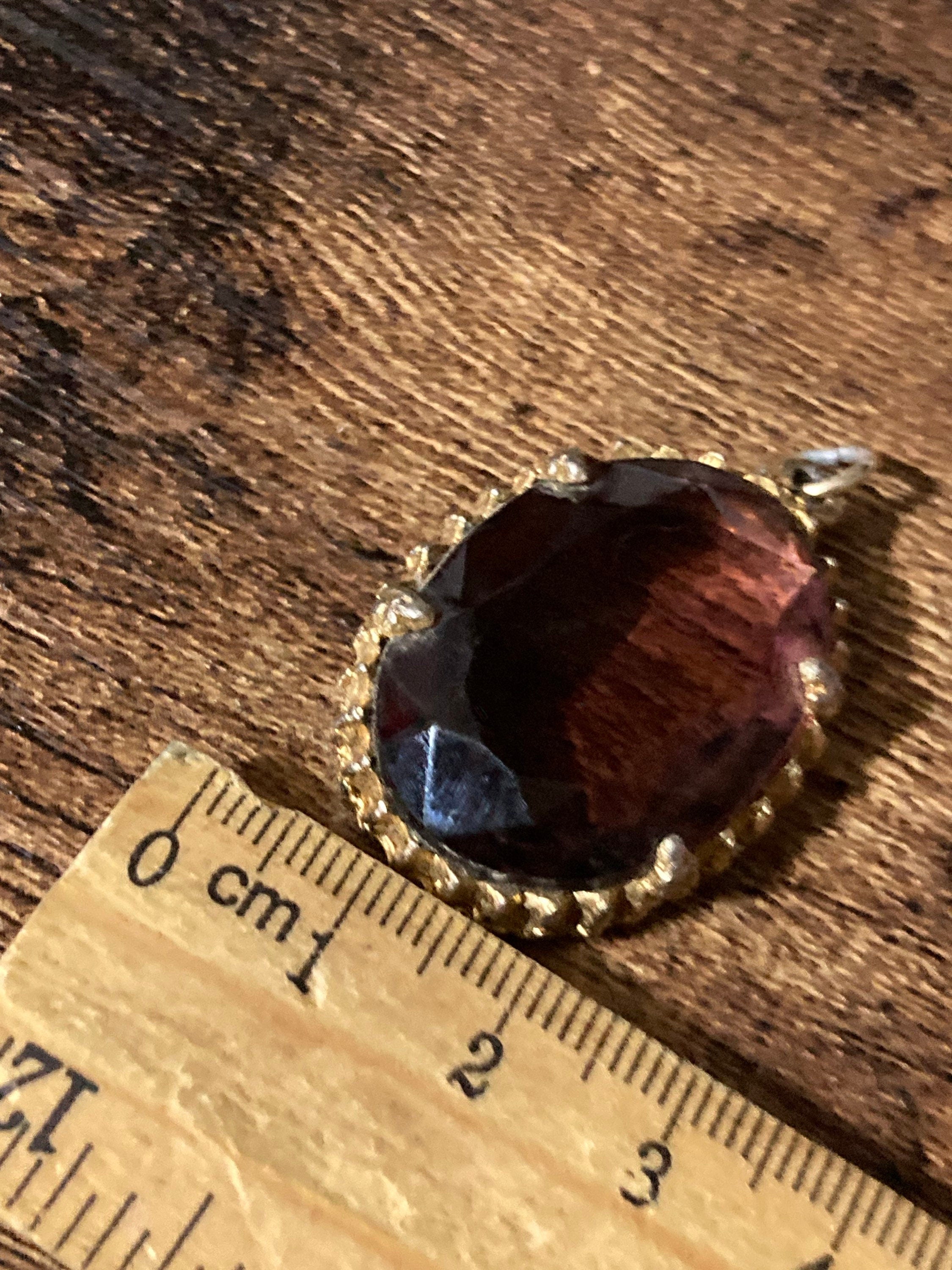 Vintage Modernist gold tone abstract metal purple glass 1970s pendant