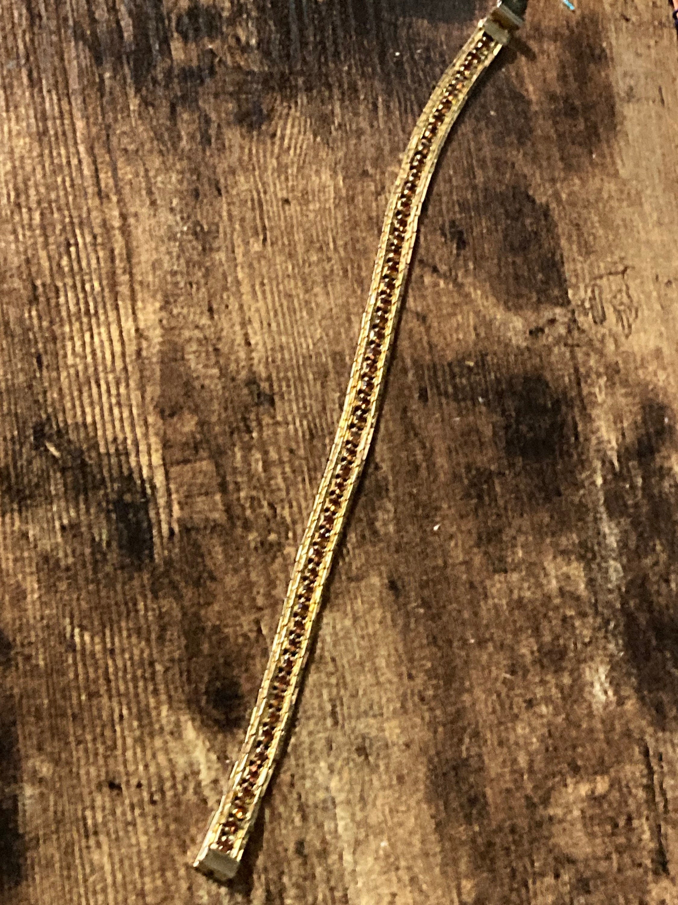 Vintage brown cognac rhinestone Glass Gold Tone mesh cocktail bracelet