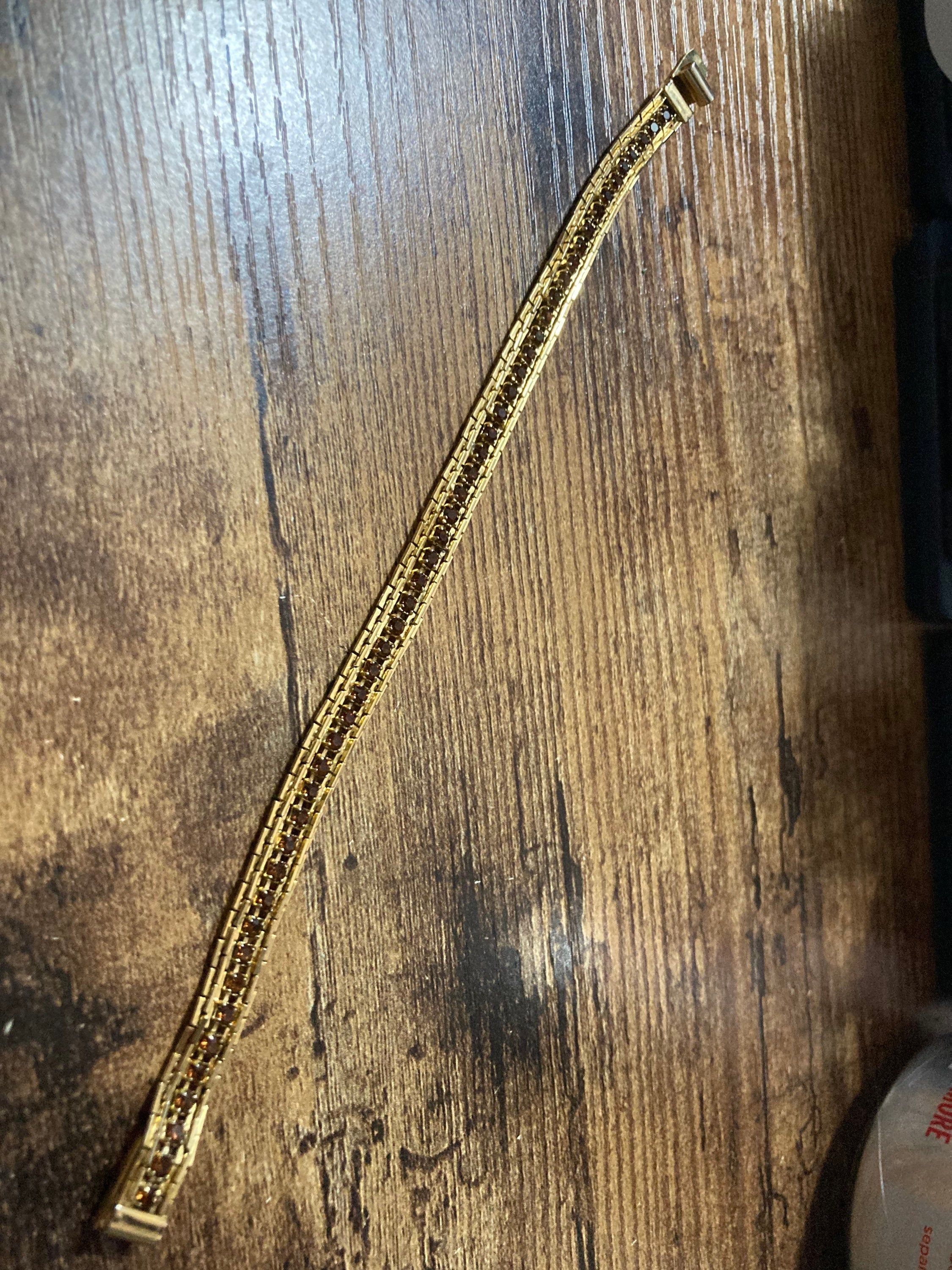 Vintage brown cognac rhinestone Glass Gold Tone mesh cocktail bracelet