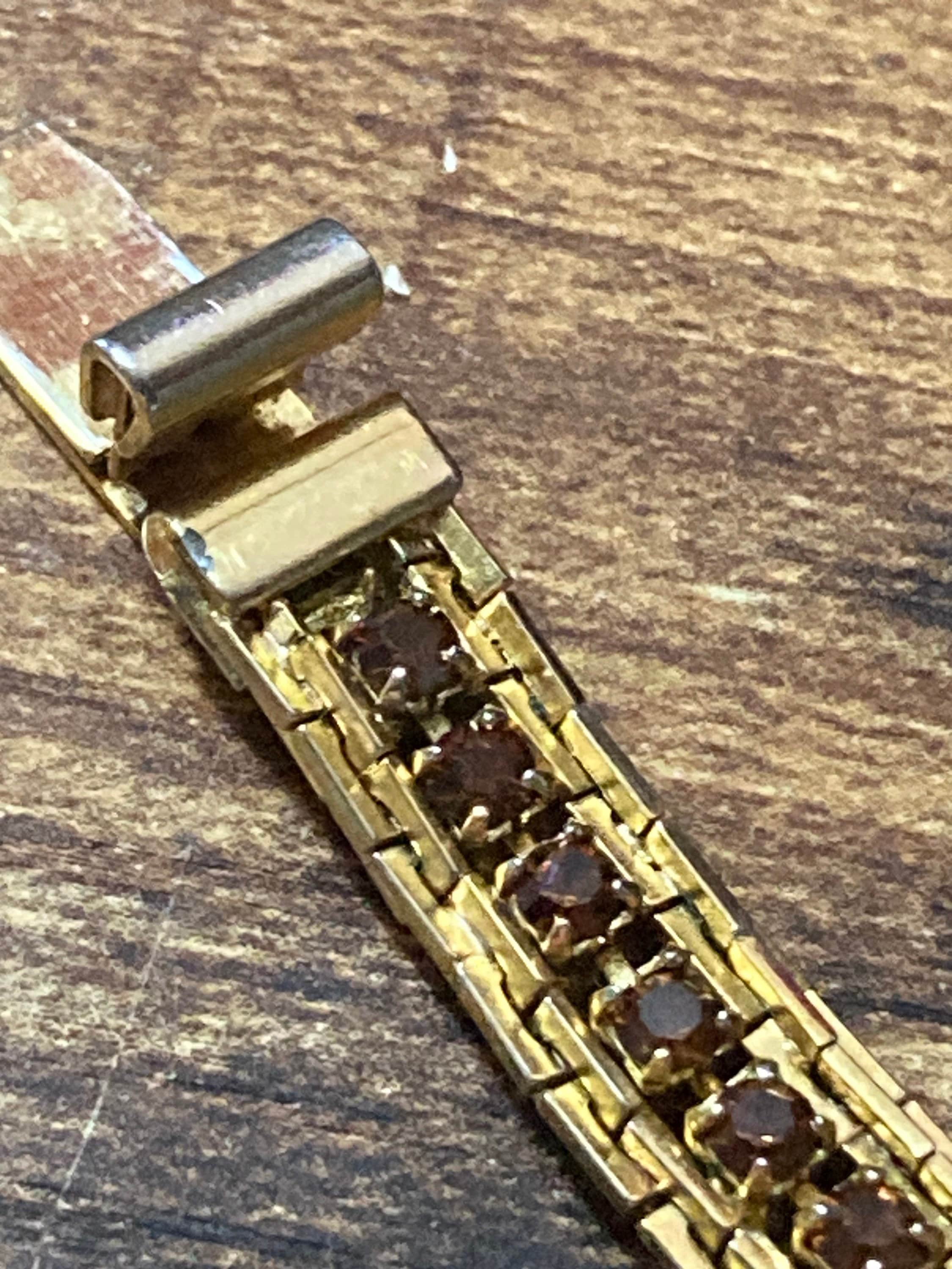 Vintage brown cognac rhinestone Glass Gold Tone mesh cocktail bracelet