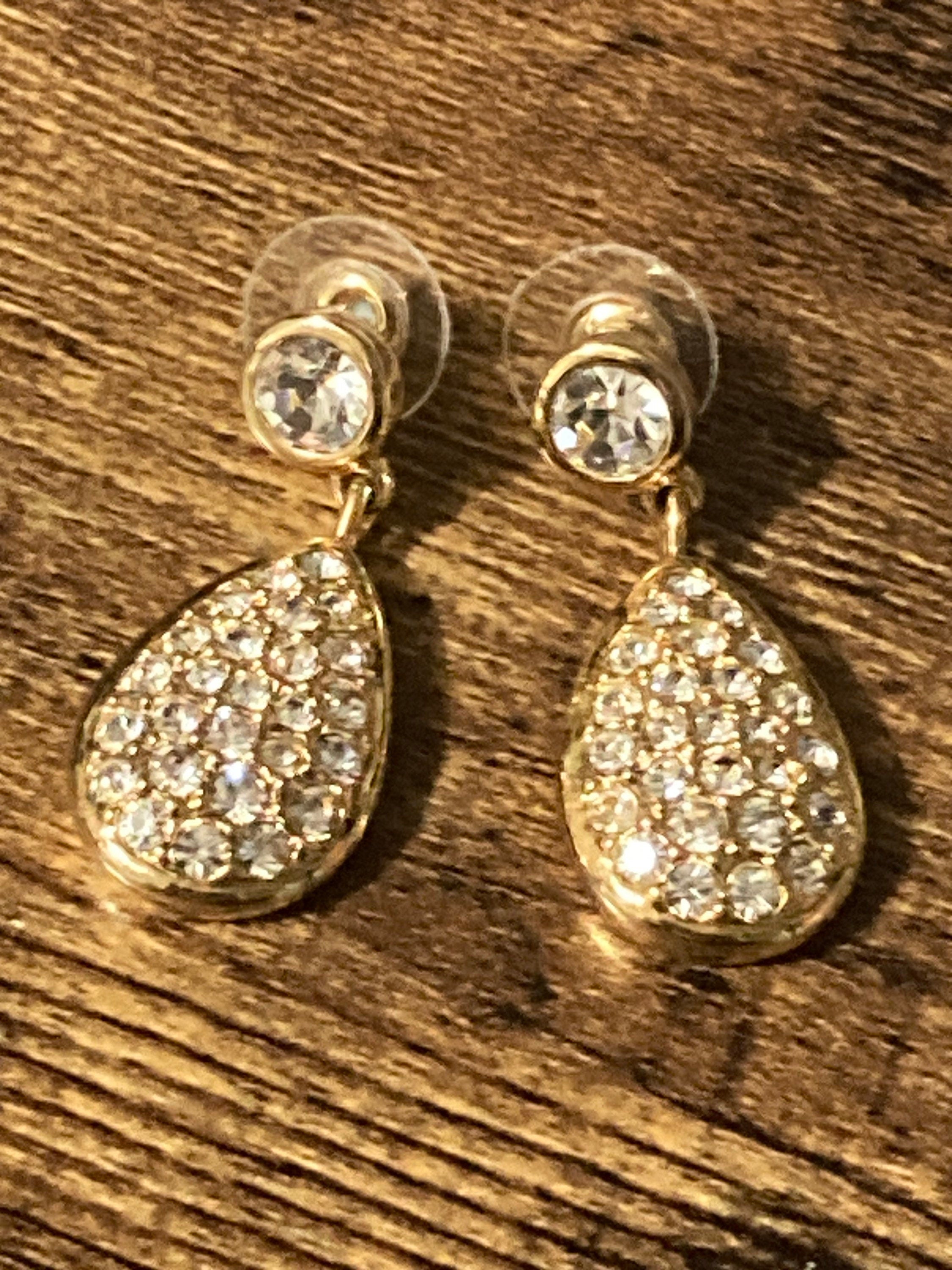 Signed Swarovski crystal gold tone diamanté clear long drop earrings