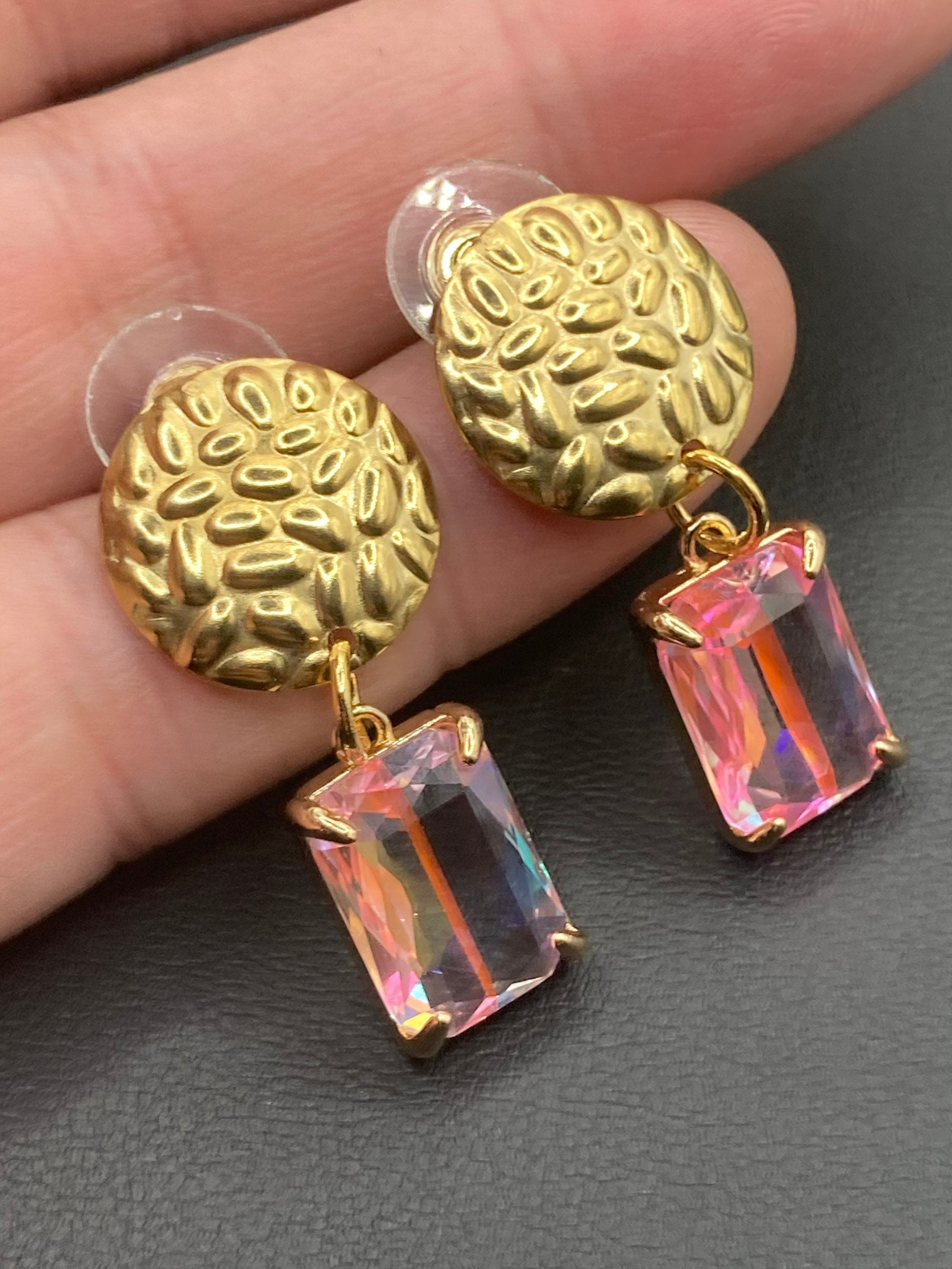 18k Gold plated crystal rainbow pink glass diamanté drop earrings