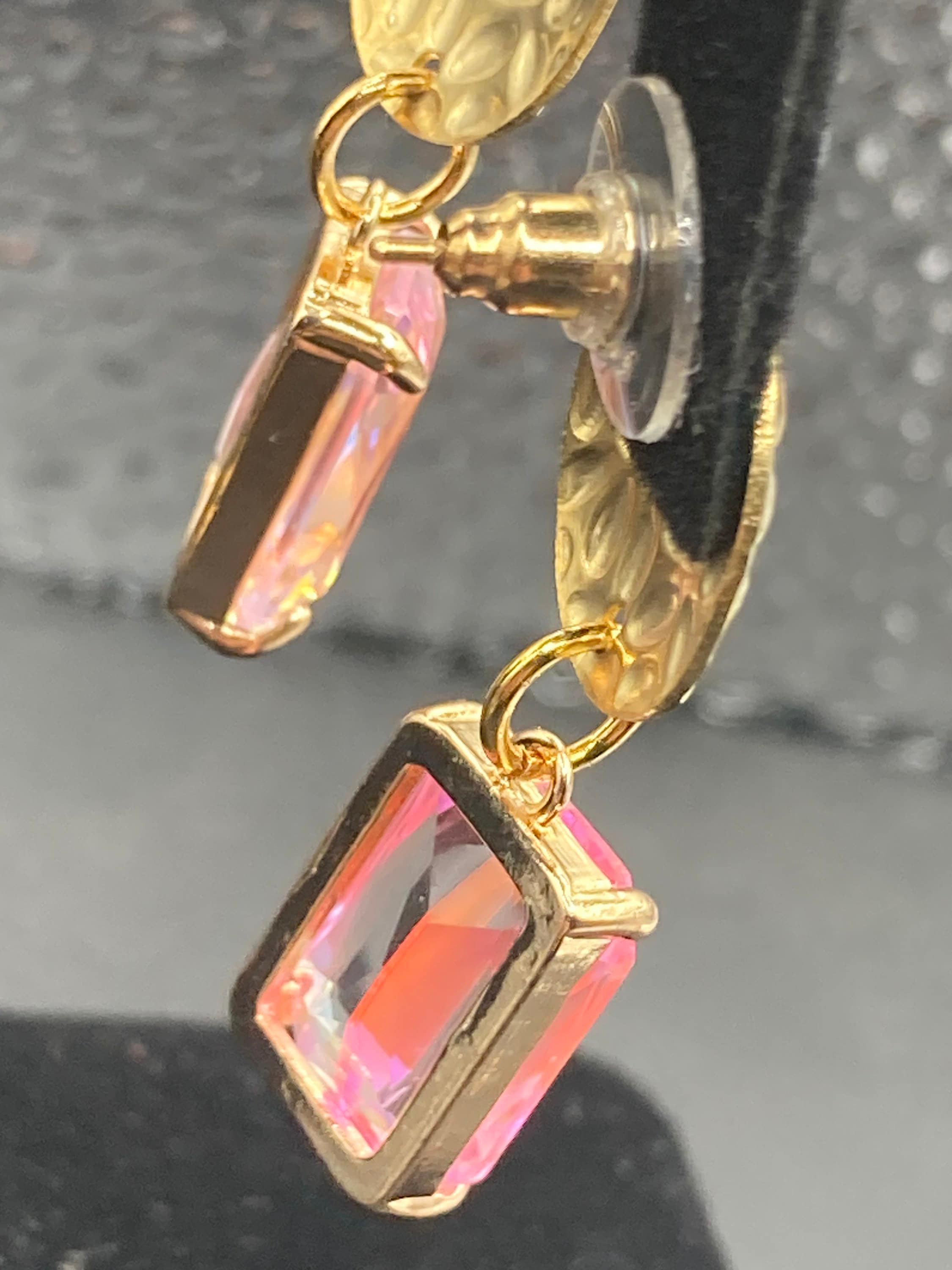 18k Gold plated crystal rainbow pink glass diamanté drop earrings