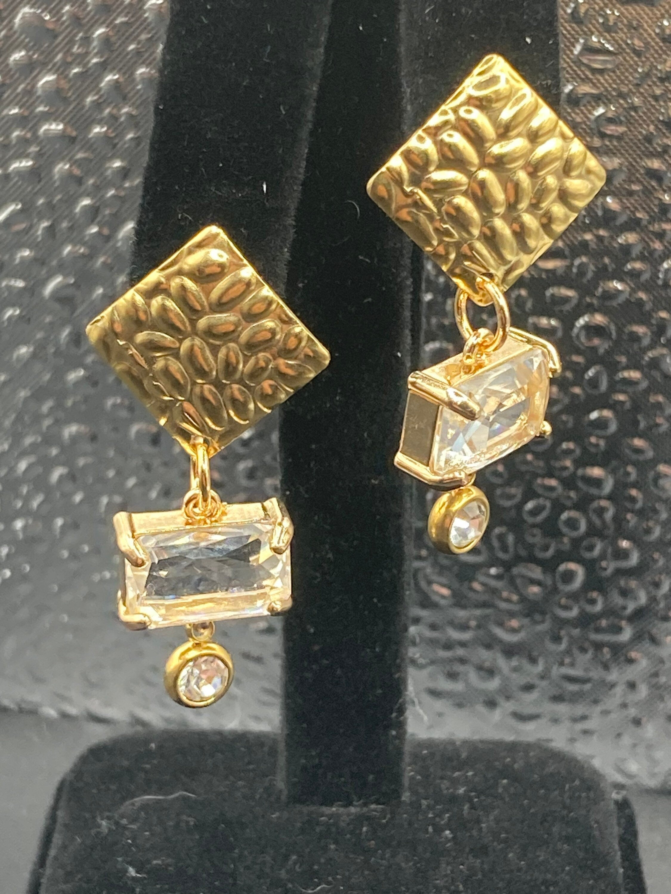 18k Gold plated crystal clear glass diamanté drop bezel earrings