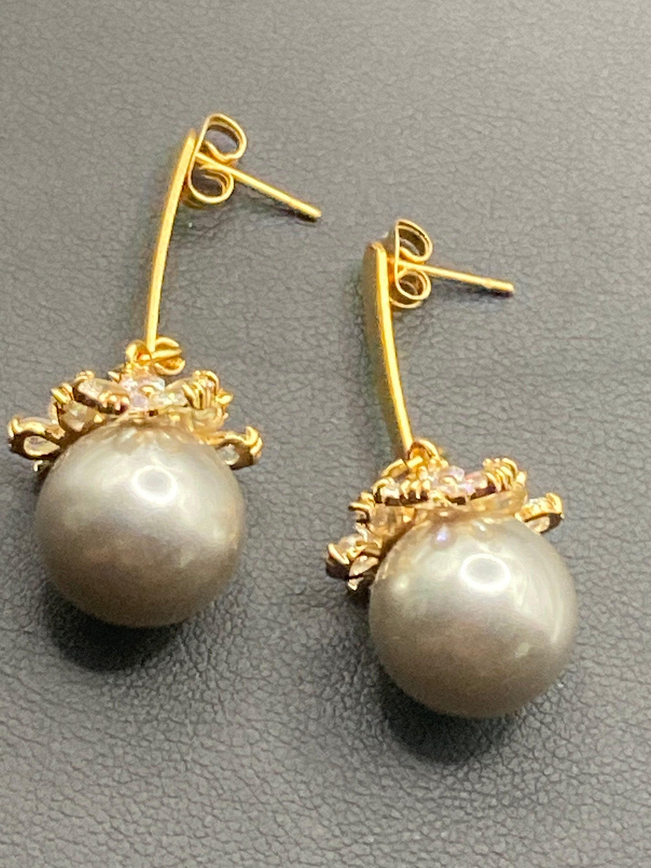 Gold tone grey faux pearl diamanté Crystal drop earrings for pierced ears
