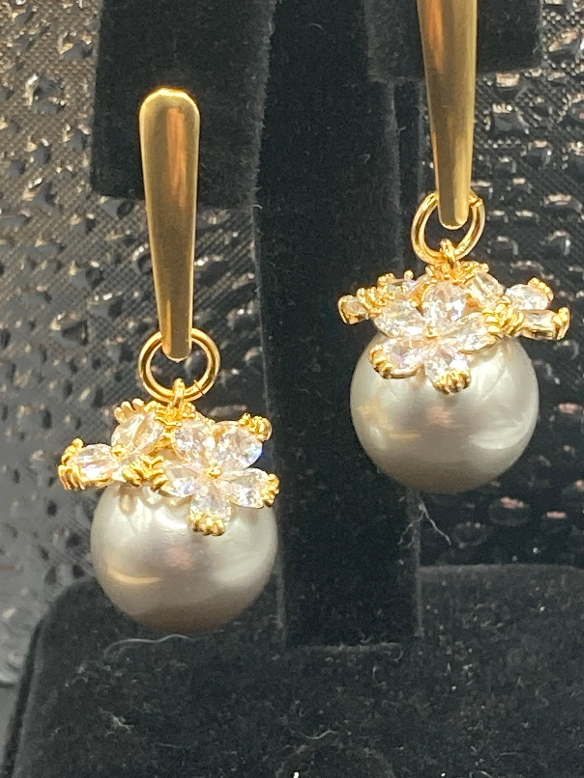 Gold tone grey faux pearl diamanté Crystal drop earrings for pierced ears