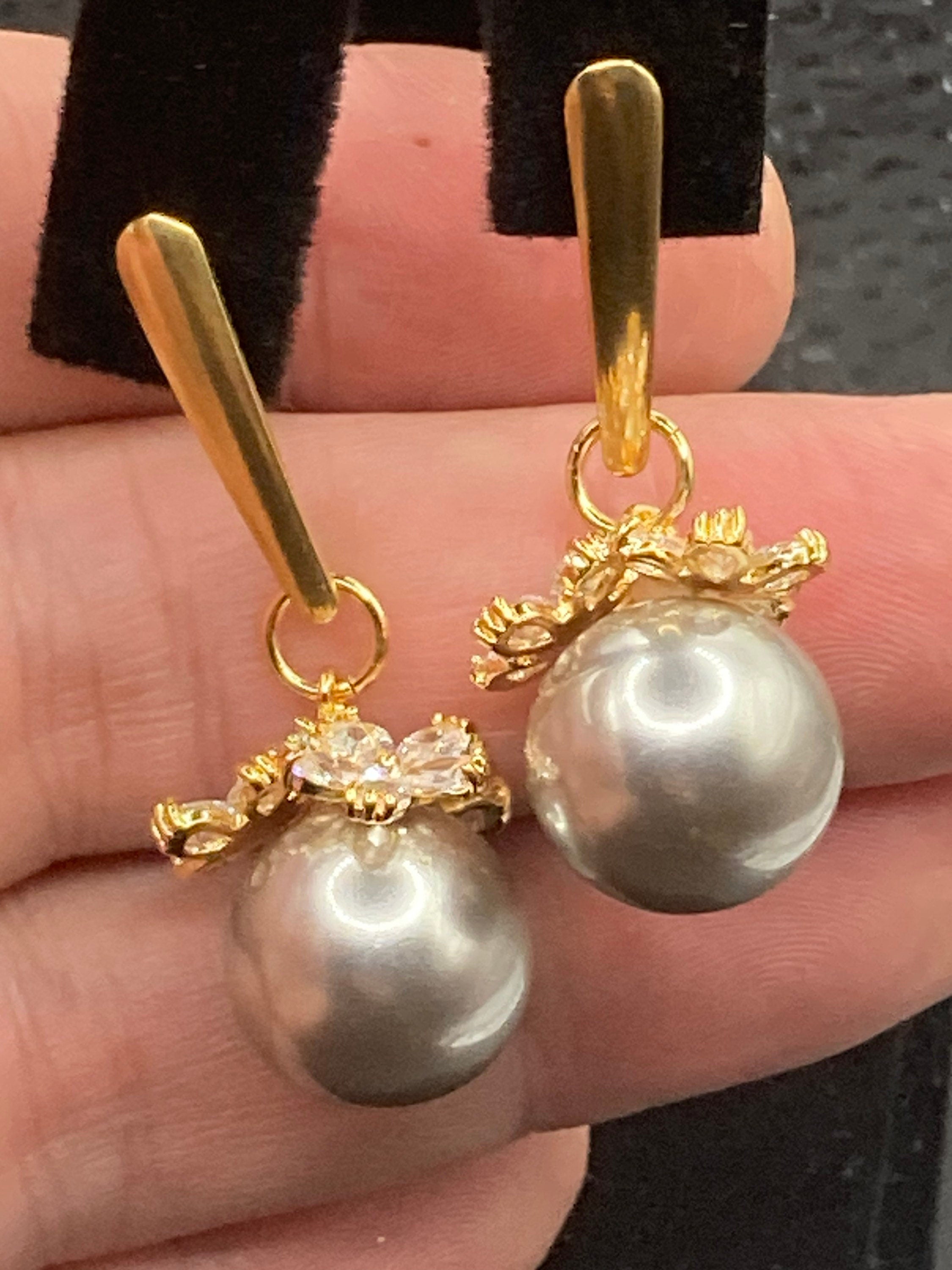 Gold tone grey faux pearl diamanté Crystal drop earrings for pierced ears