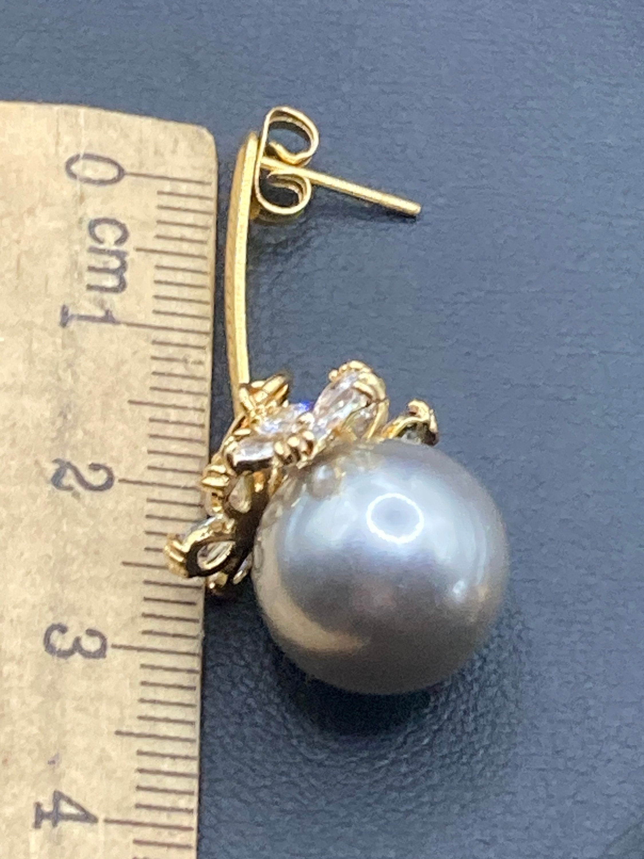 Gold tone grey faux pearl diamanté Crystal drop earrings for pierced ears