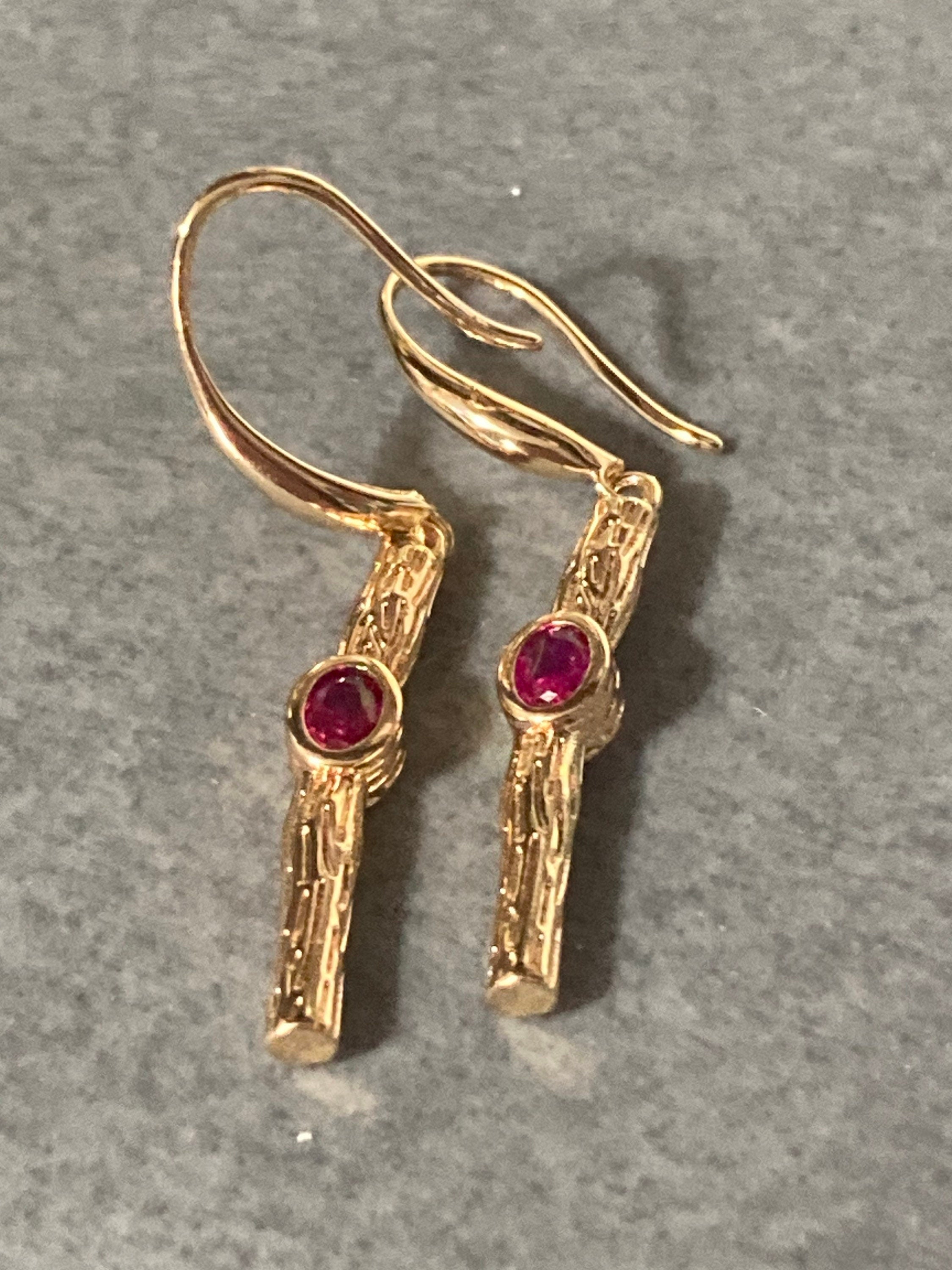 18k Gold plated modernist crystal pink glass diamanté rhinestone drop bezel earrings