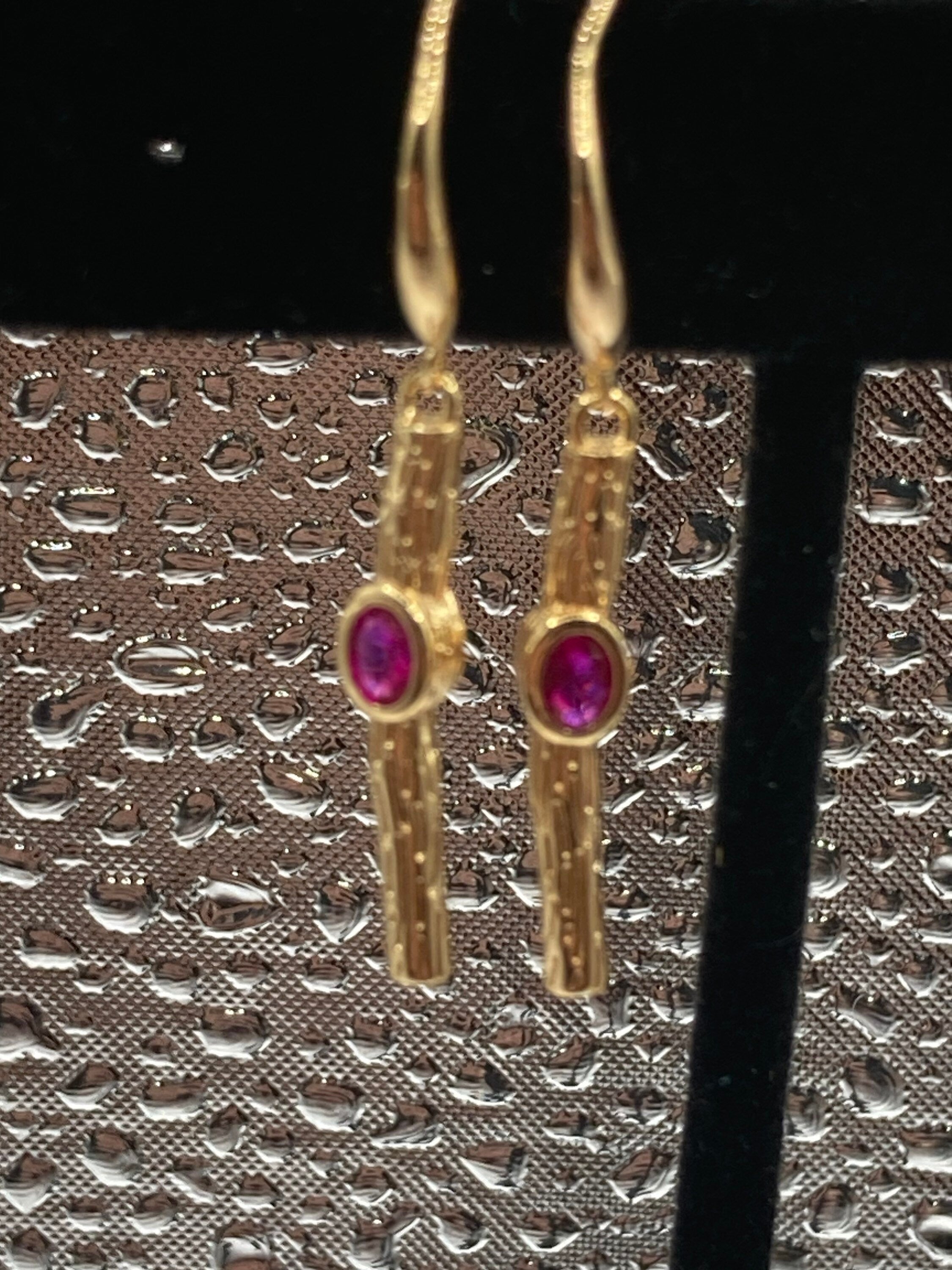 18k Gold plated modernist crystal pink glass diamanté rhinestone drop bezel earrings