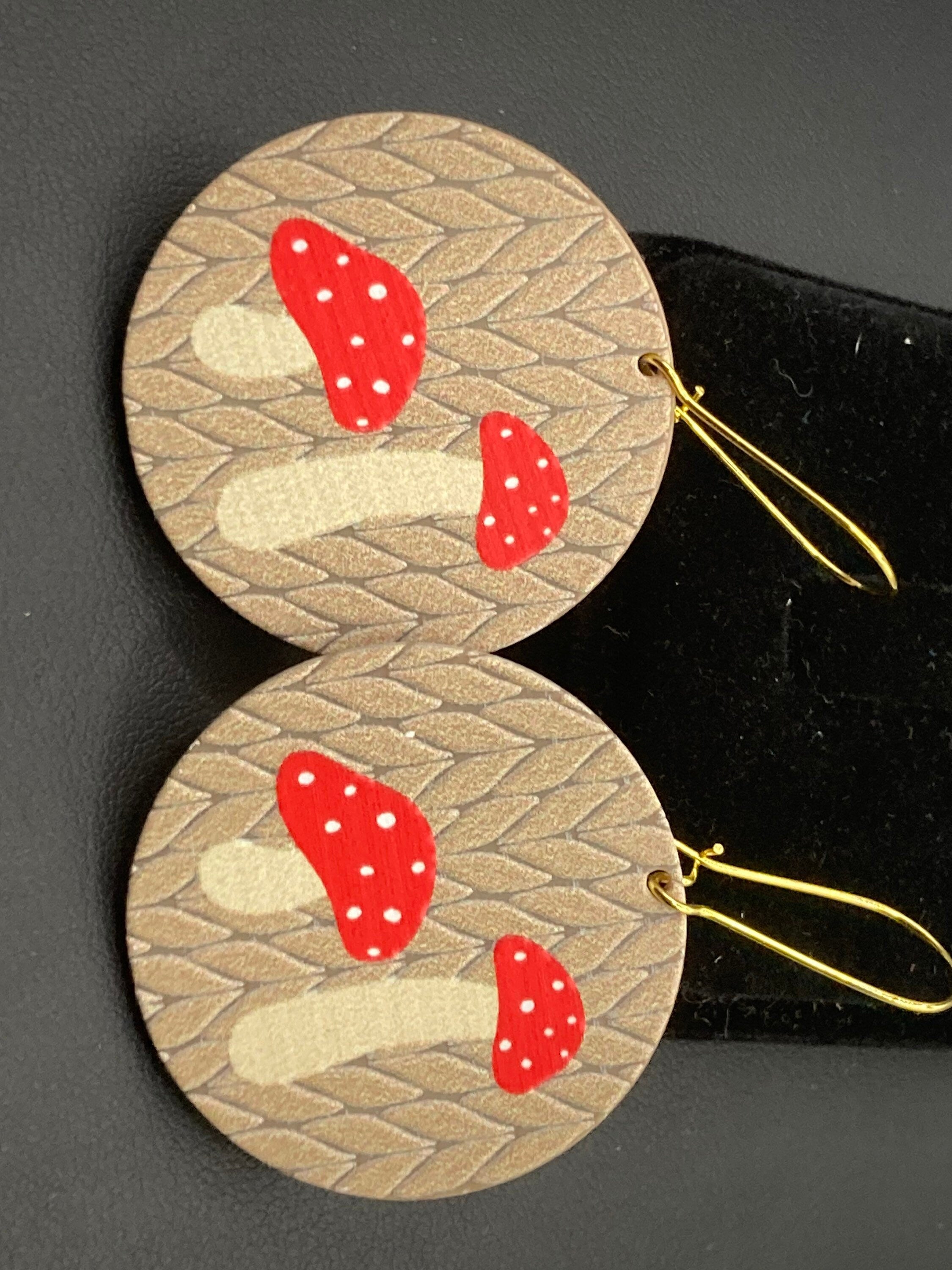 Large faux wooden fairy toadstool mushroom dangly earrings Nordic hygge style
