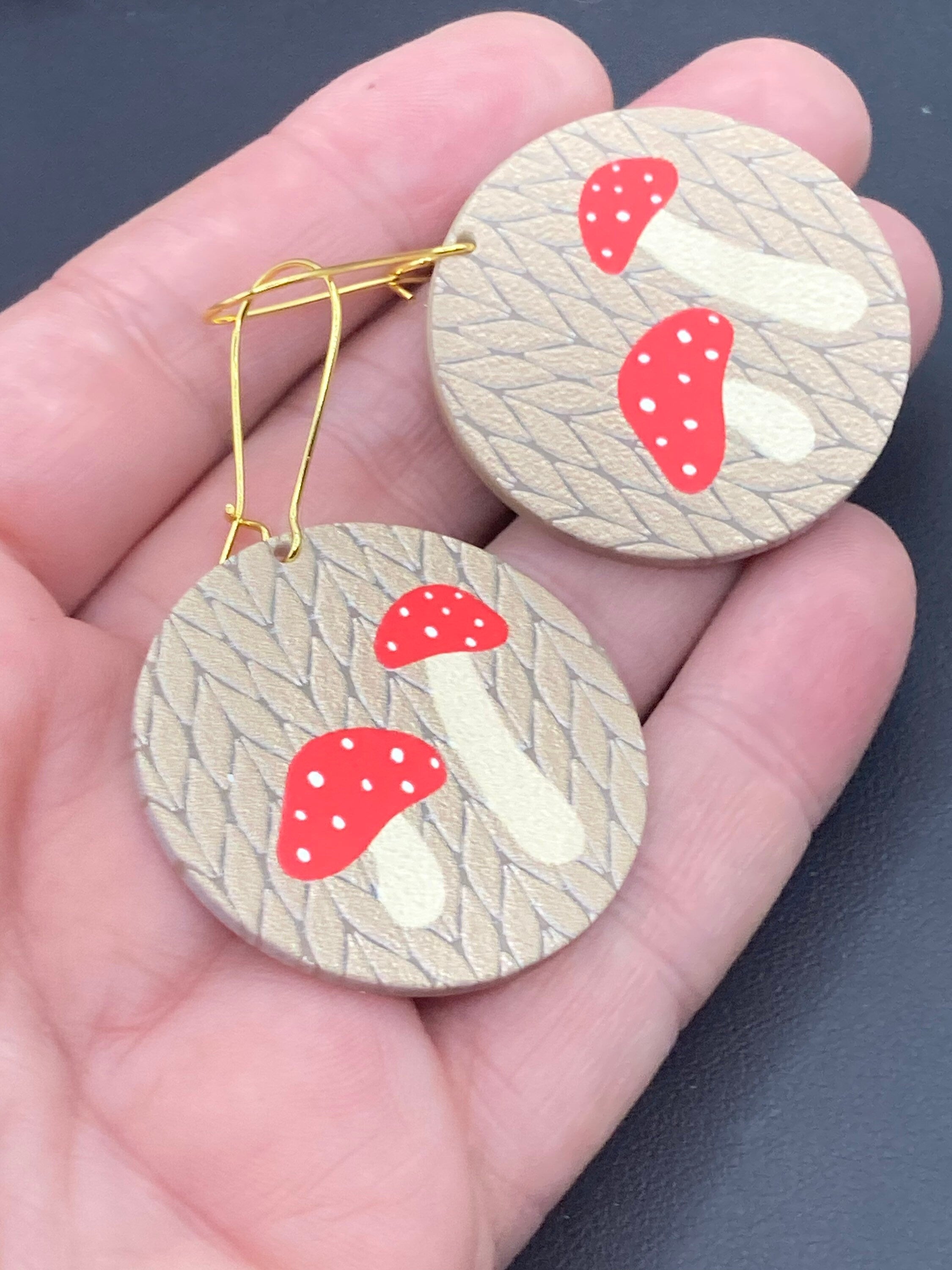 Large faux wooden fairy toadstool mushroom dangly earrings Nordic hygge style