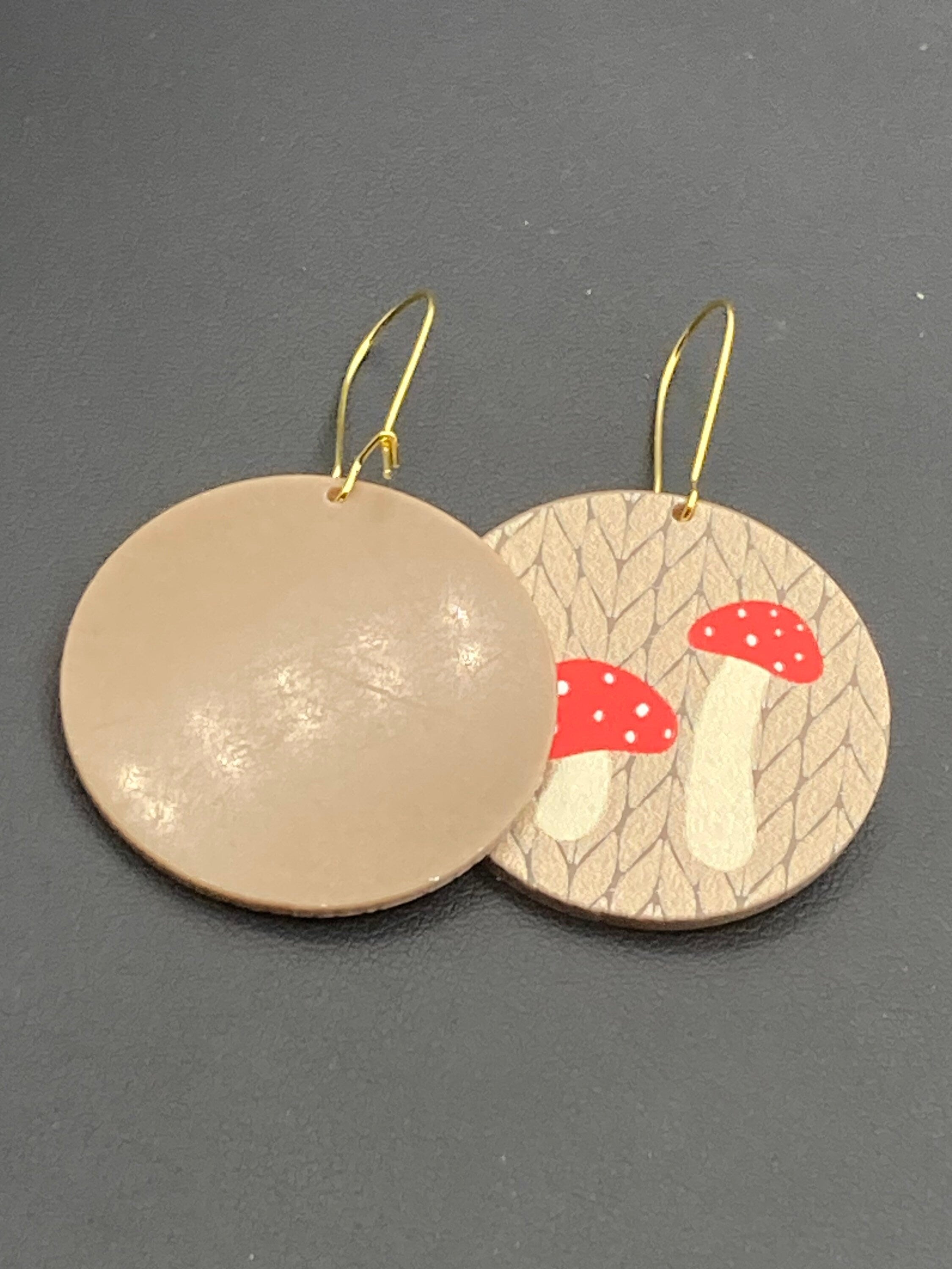 Large faux wooden fairy toadstool mushroom dangly earrings Nordic hygge style
