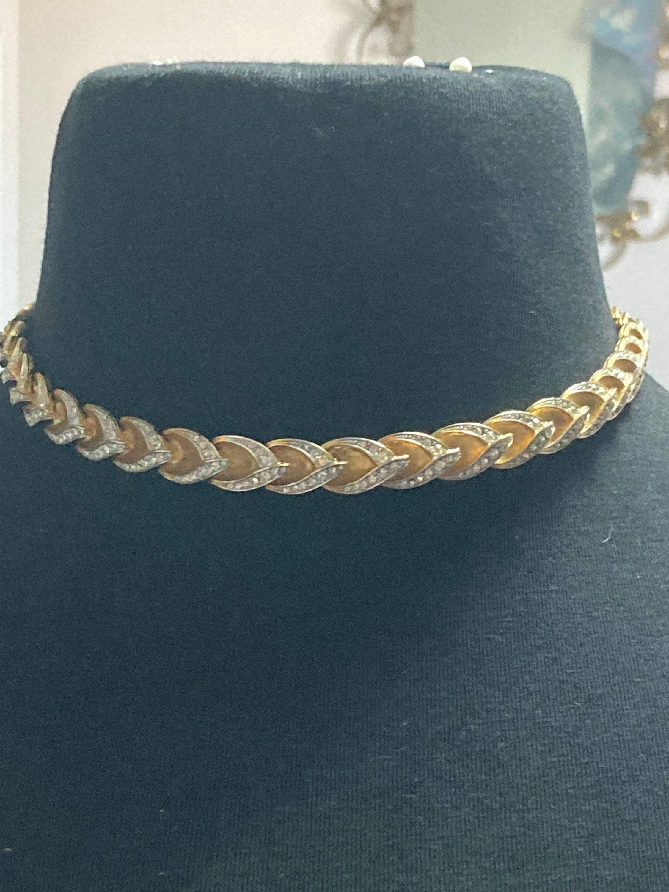 Vintage brushed metal clear diamanté panel link choker necklace