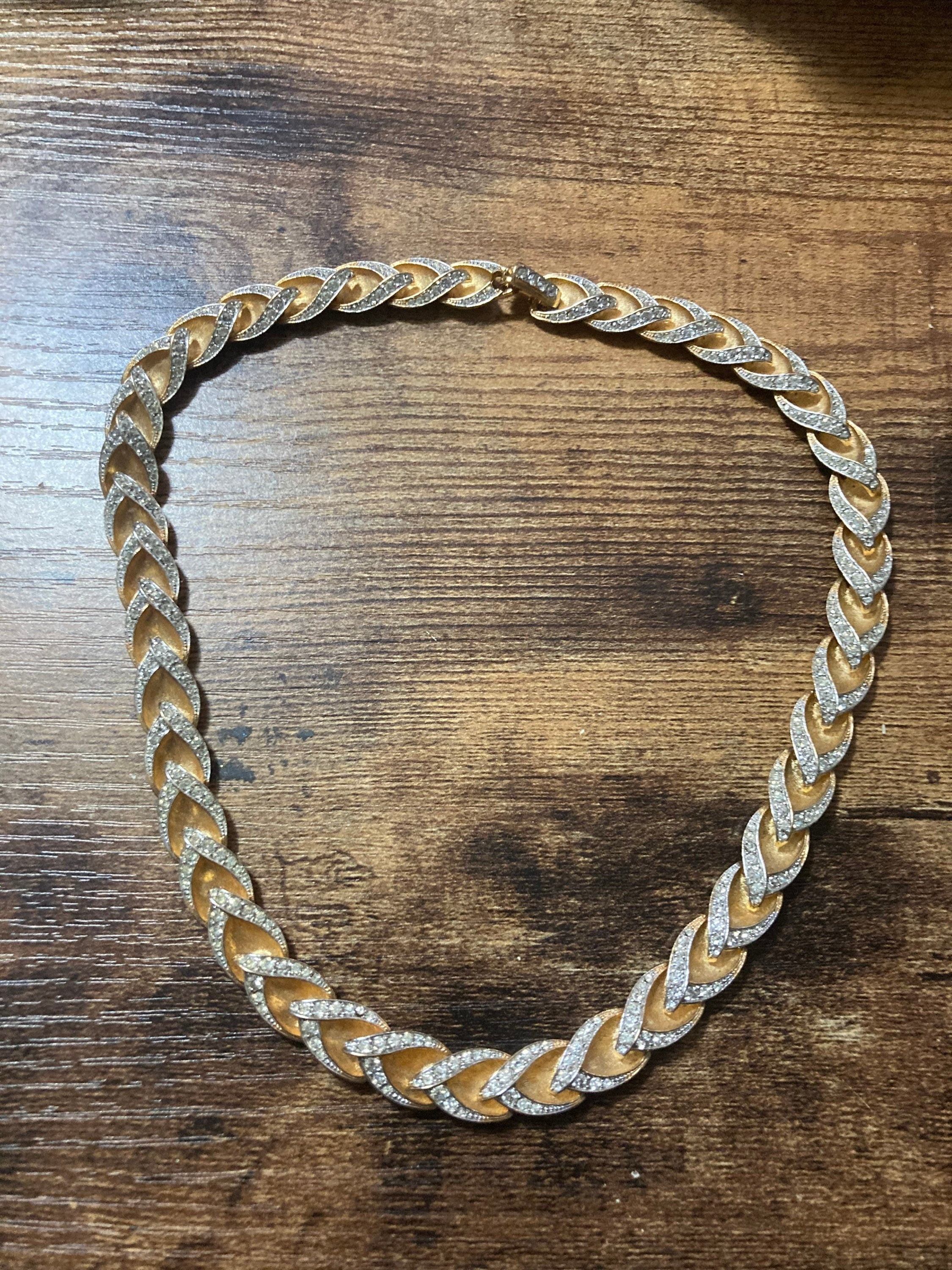 Vintage brushed metal clear diamanté panel link choker necklace