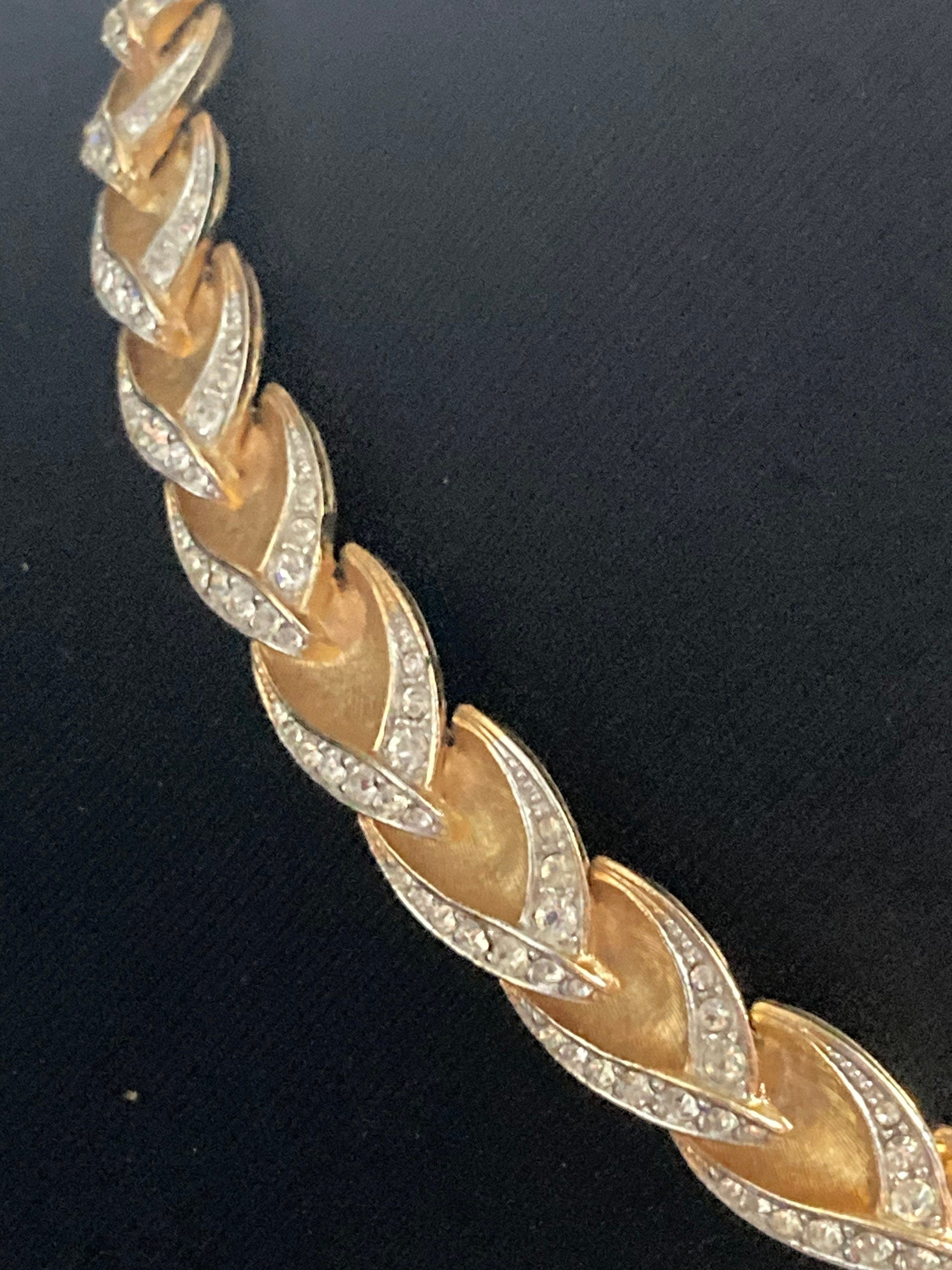 Vintage brushed metal clear diamanté panel link choker necklace