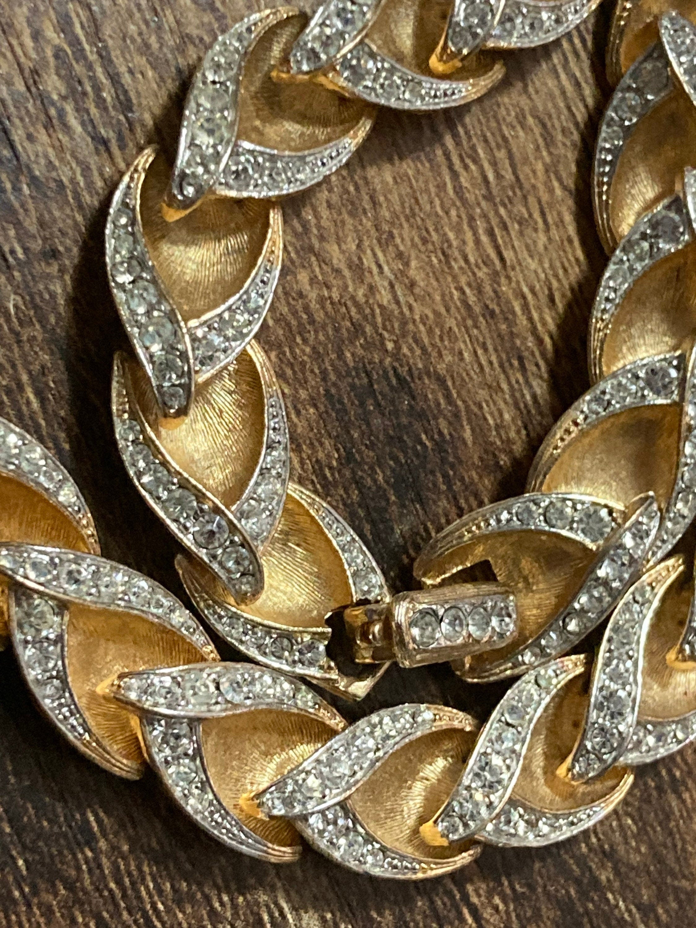 Vintage brushed metal clear diamanté panel link choker necklace