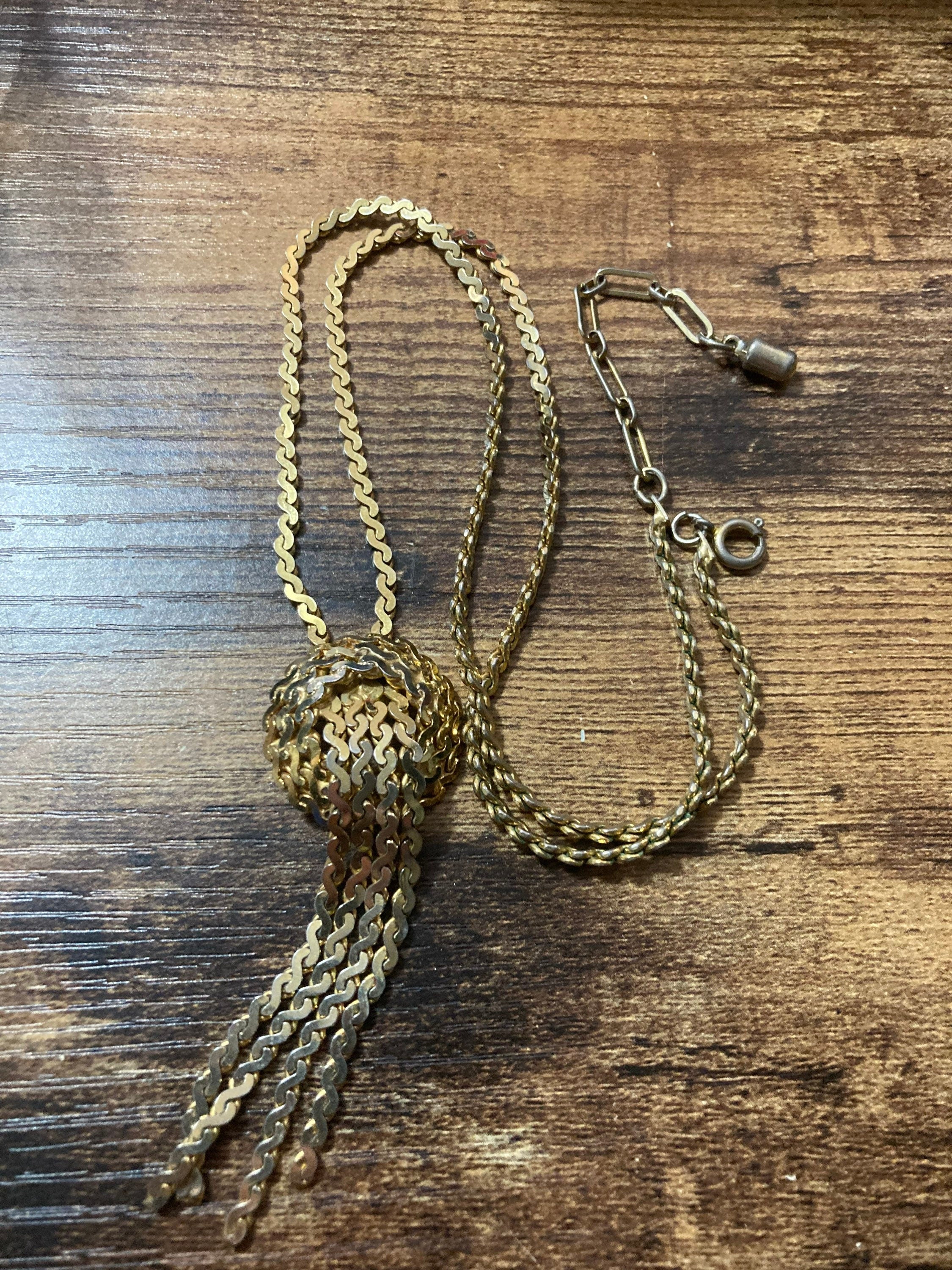 Vintage gold tone mesh & chain long knot waterfall lariat necklace