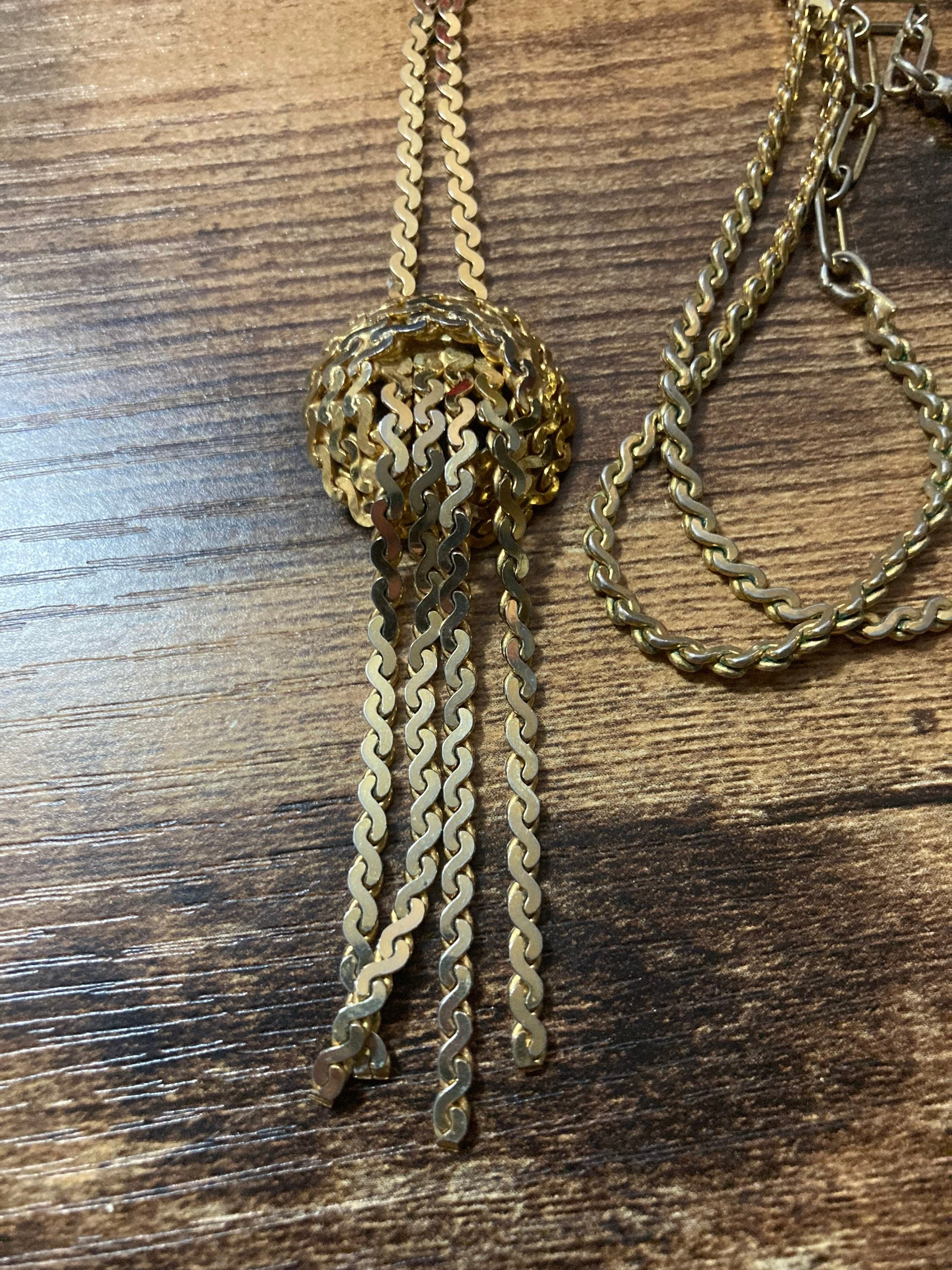 Vintage gold tone mesh & chain long knot waterfall lariat necklace