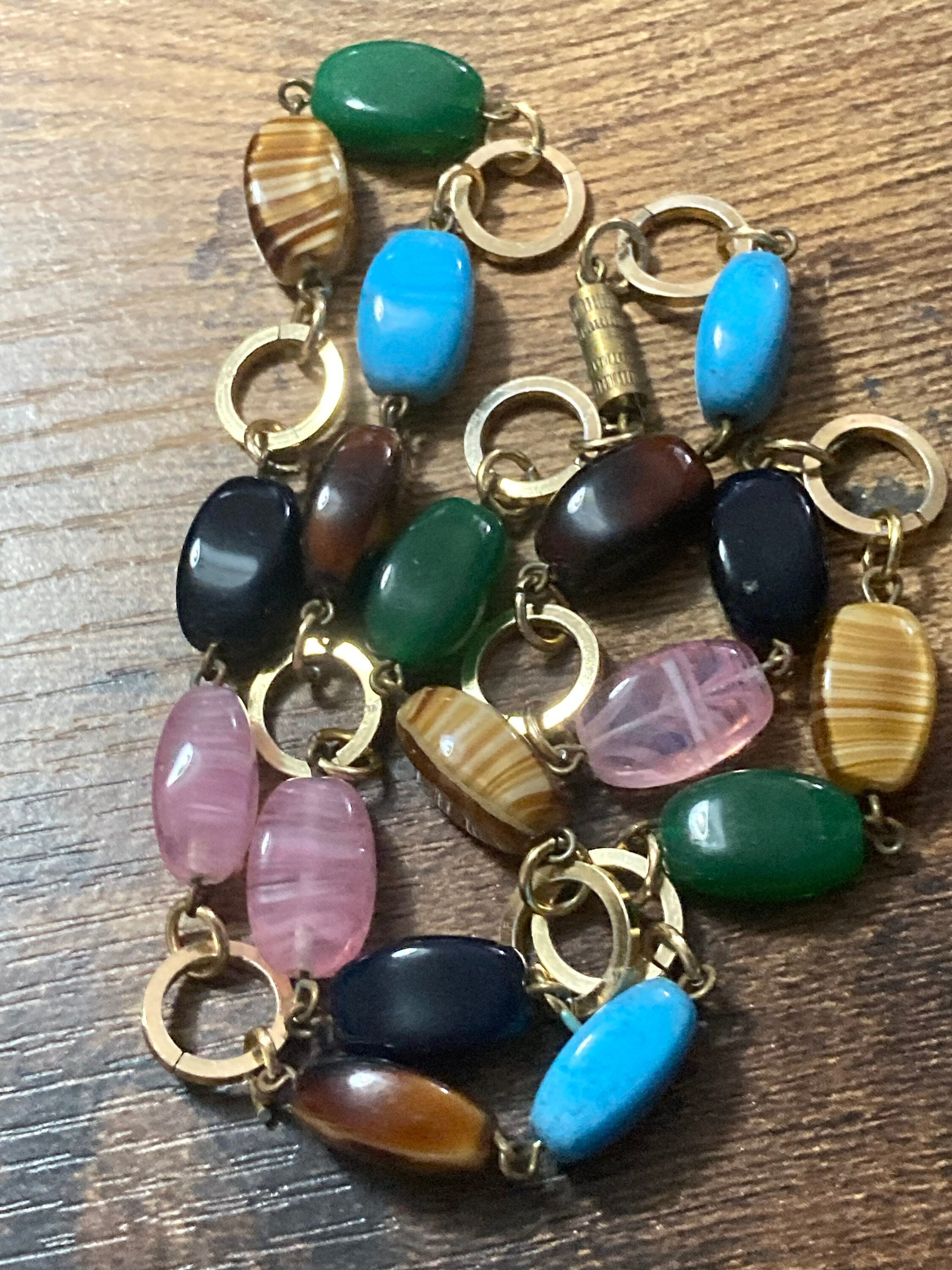 Vintage glass beaded faux gemstone gold tone necklace turquoise pink