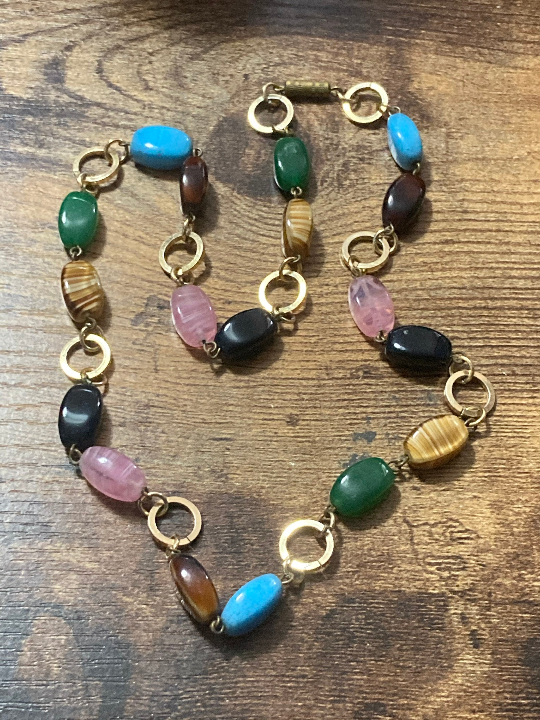Vintage glass beaded faux gemstone gold tone necklace turquoise pink