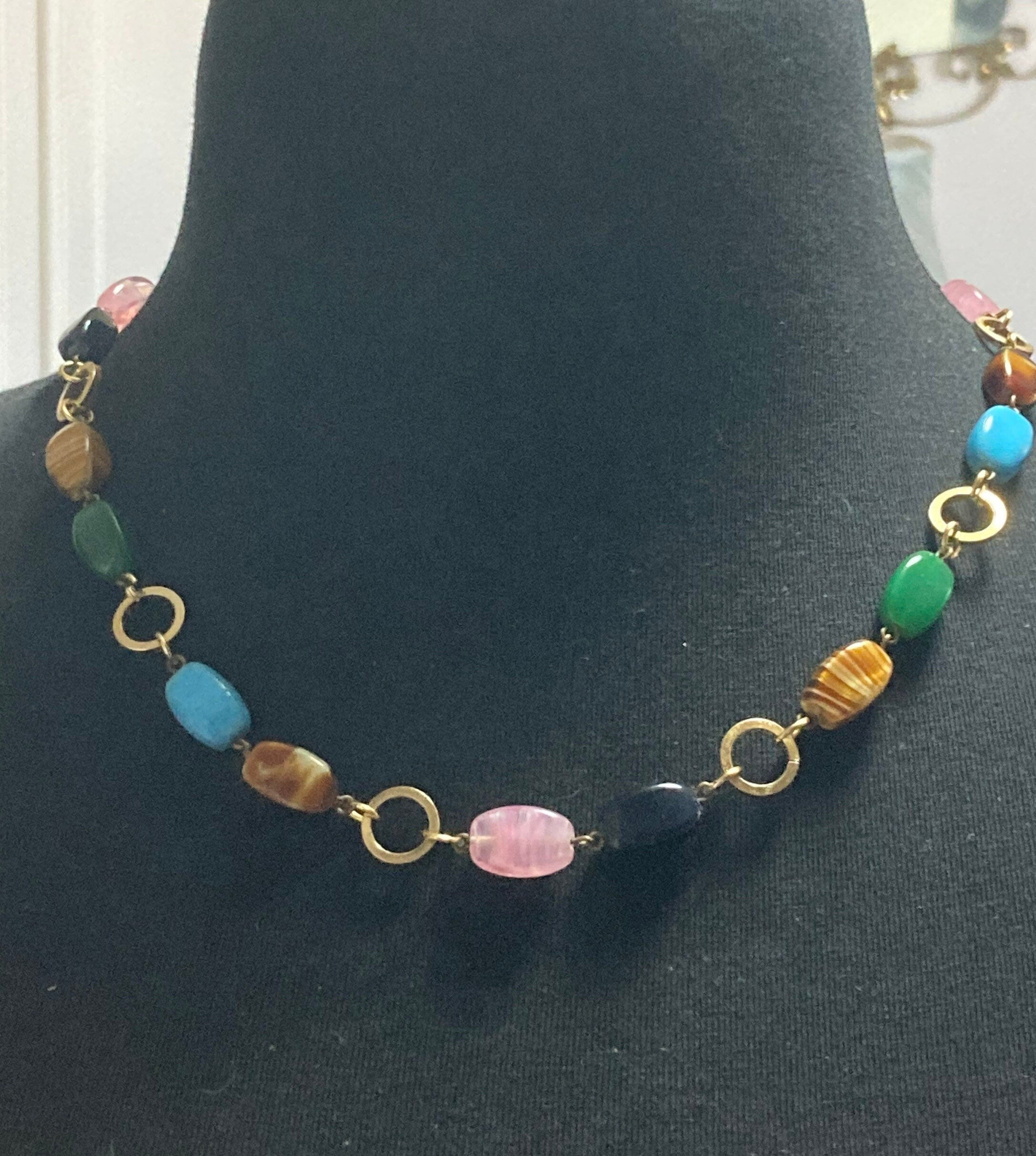 Vintage glass beaded faux gemstone gold tone necklace turquoise pink