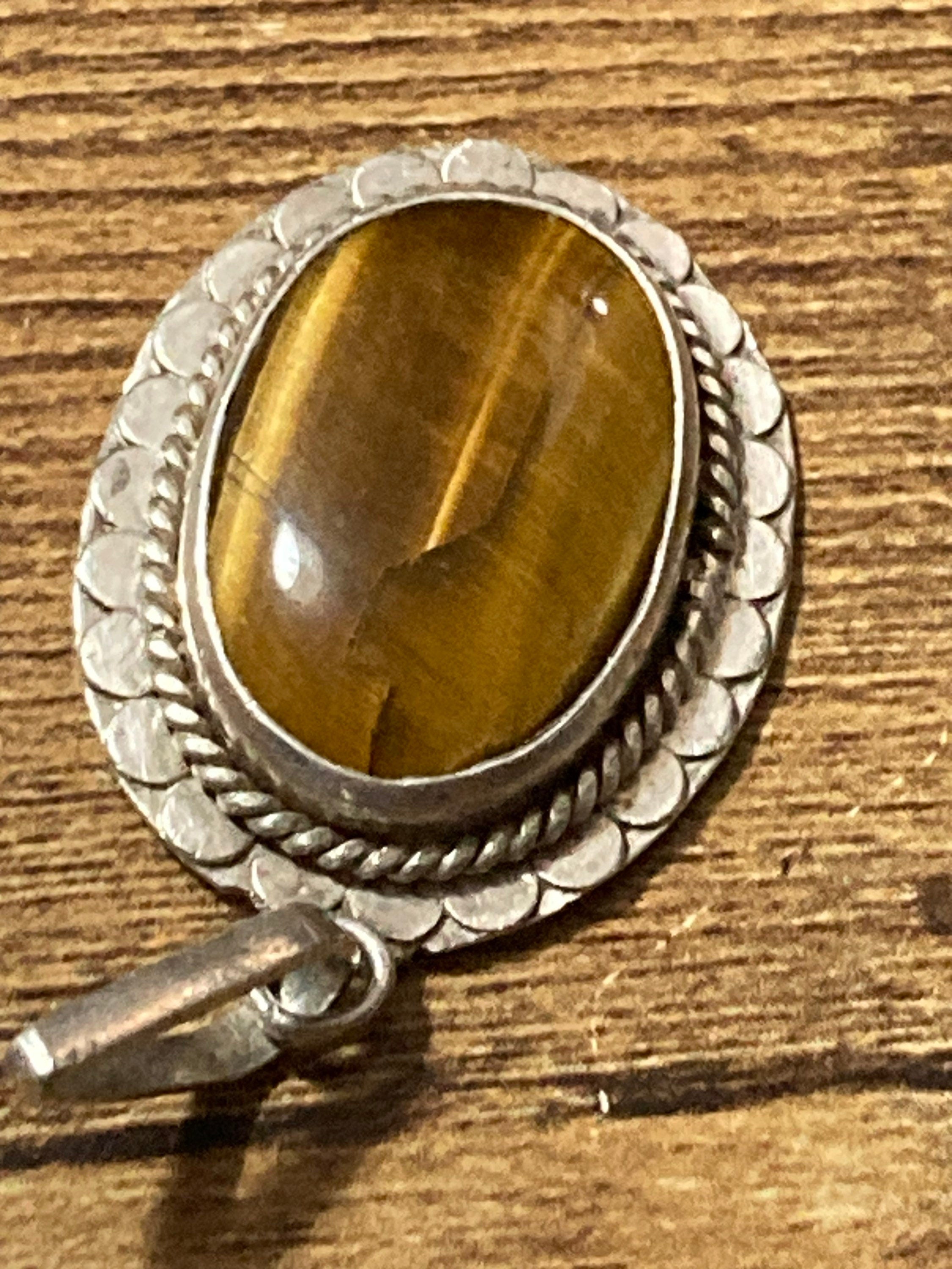 vintage continental silver large brown tigers eye gemstone pendant