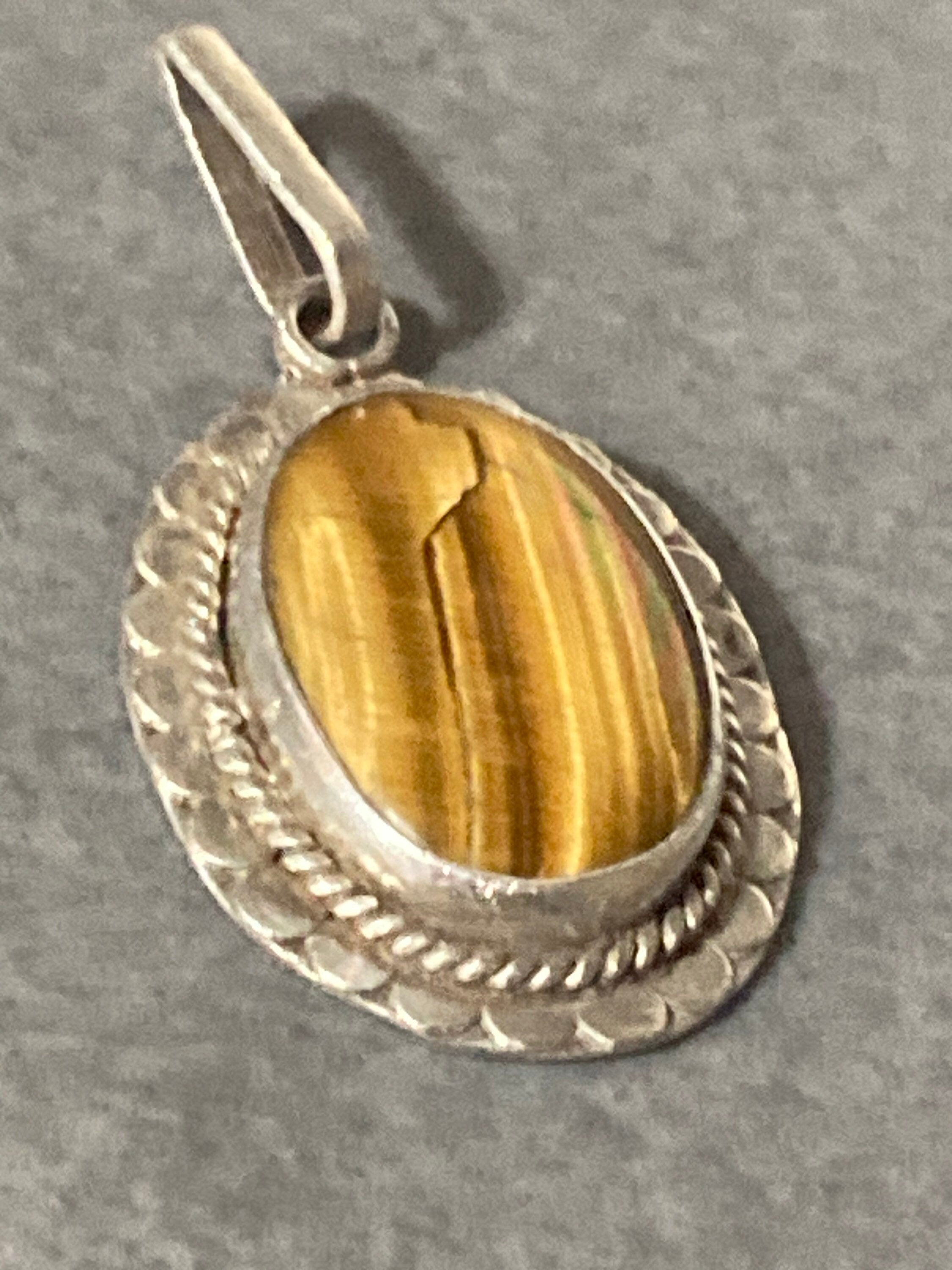 vintage continental silver large brown tigers eye gemstone pendant