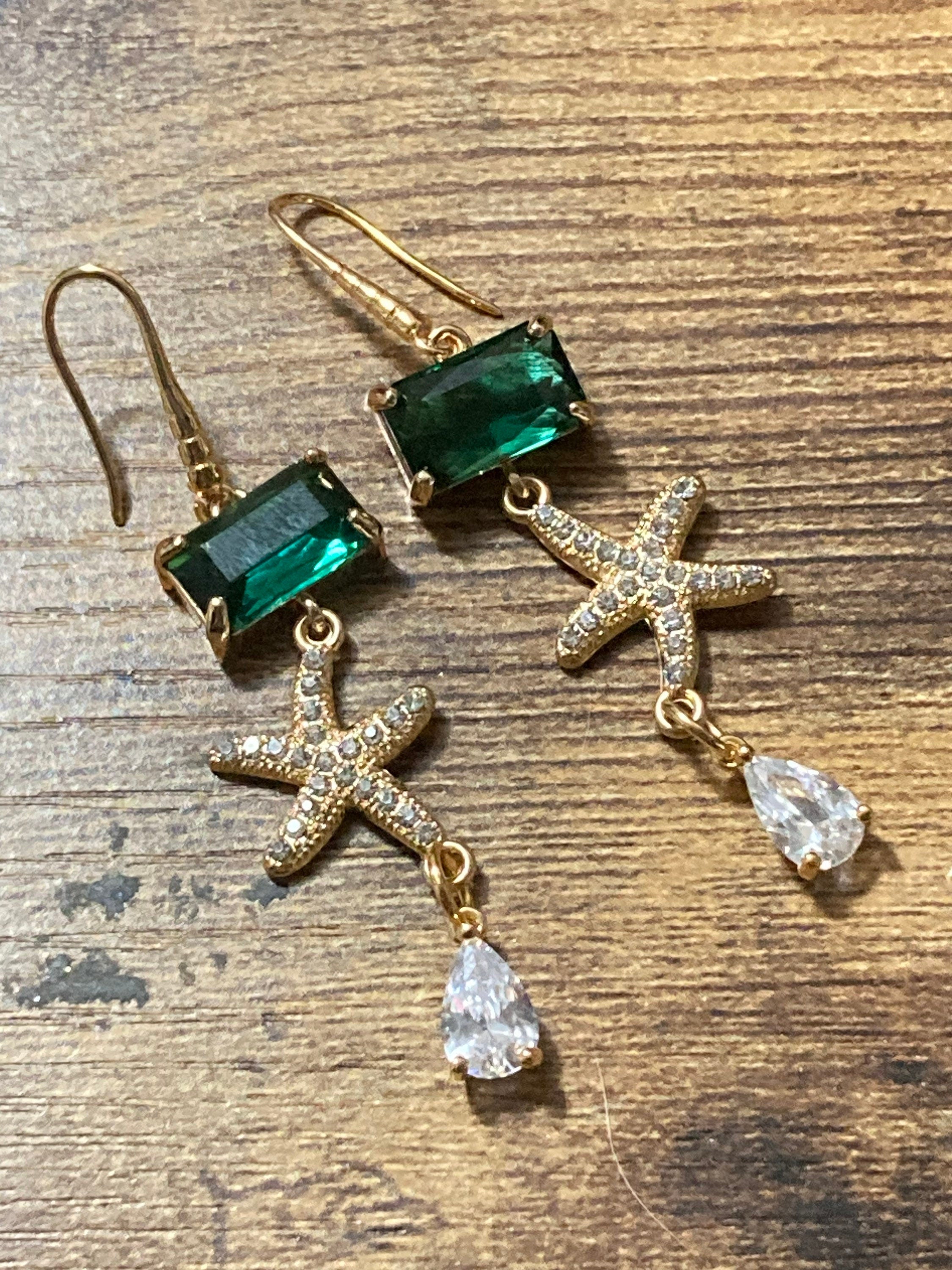 18k gold plated emerald green & clear Crystal diamanté starfish earrings