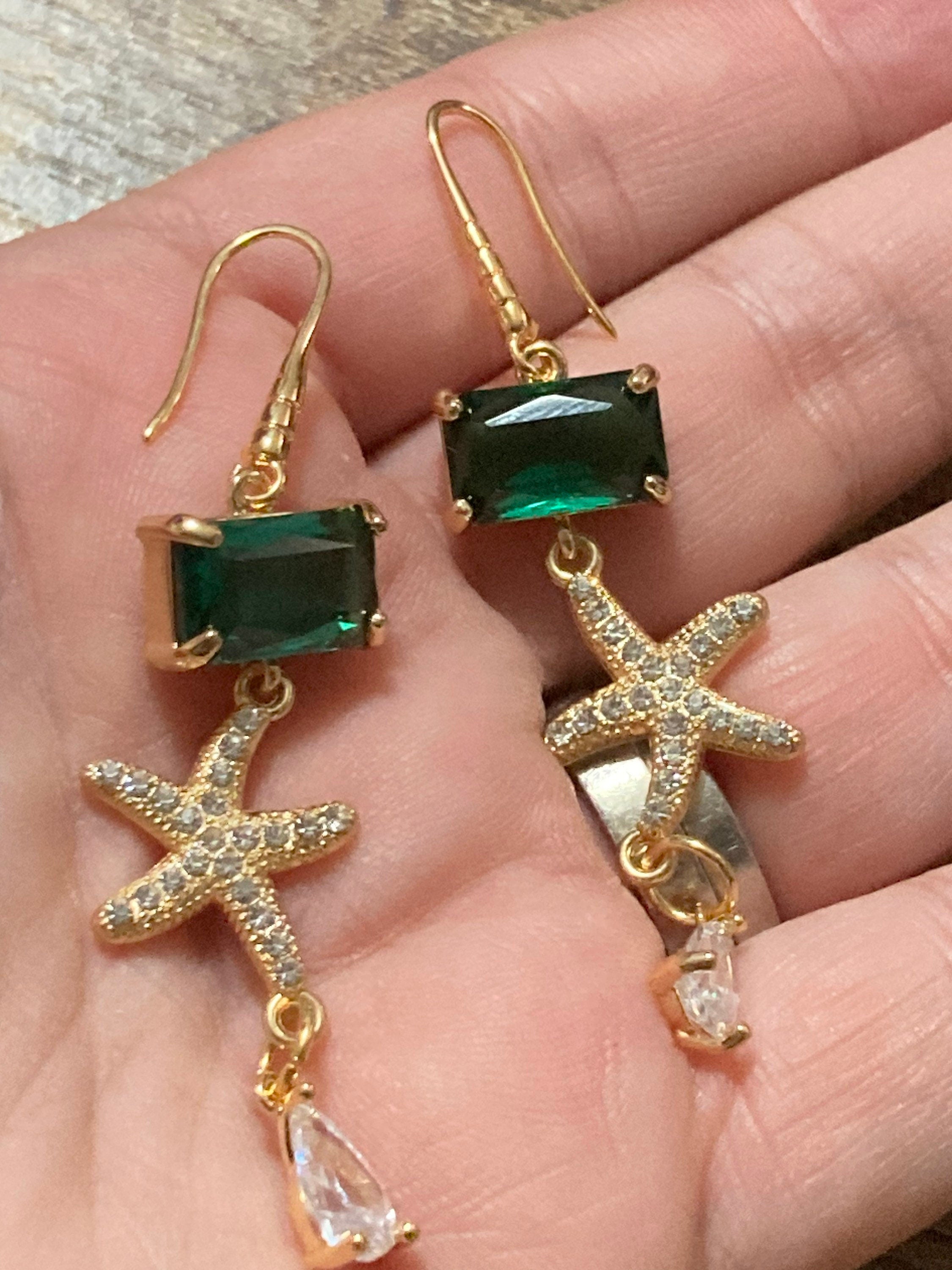 18k gold plated emerald green & clear Crystal diamanté starfish earrings
