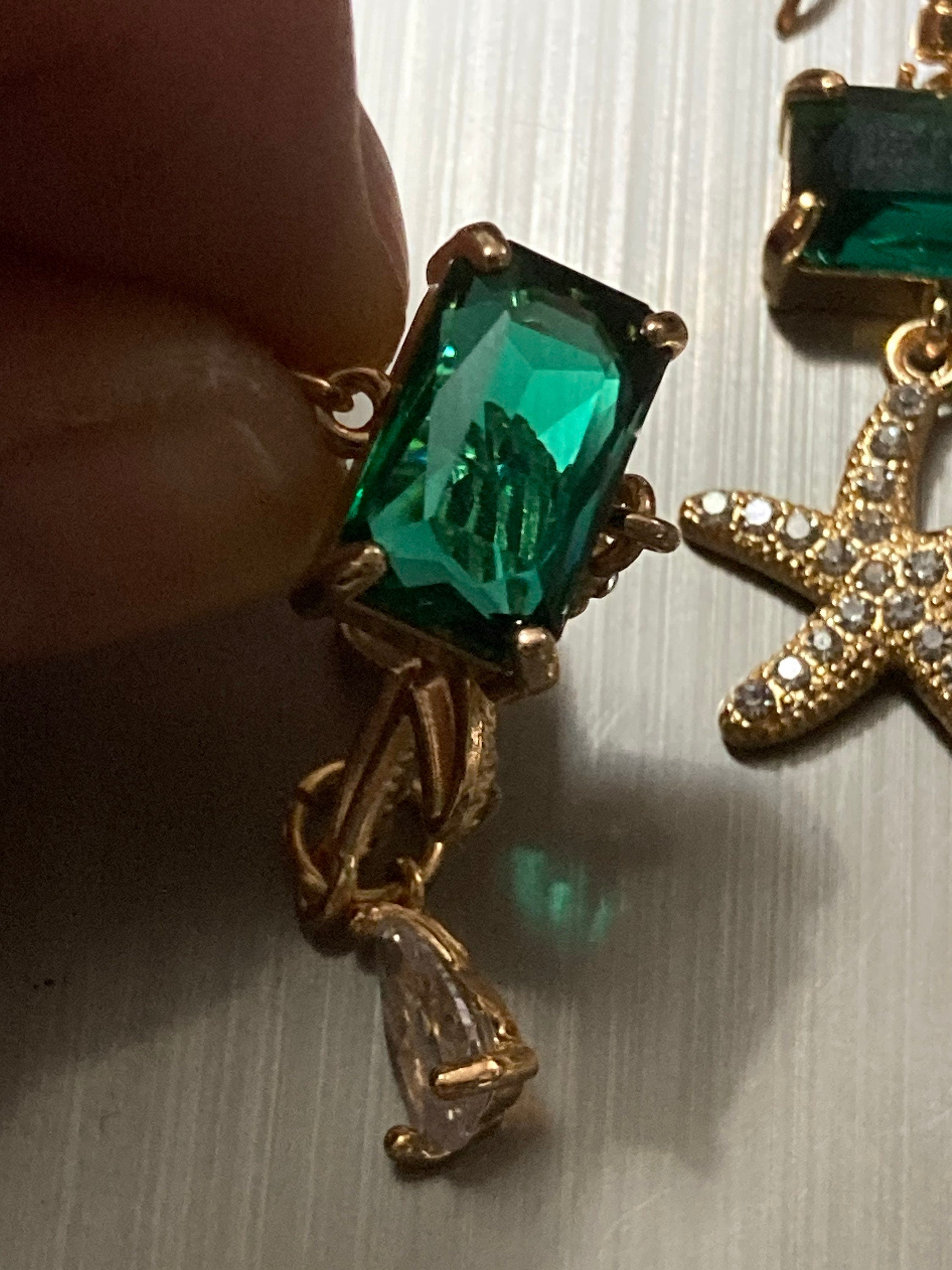 18k gold plated emerald green & clear Crystal diamanté starfish earrings